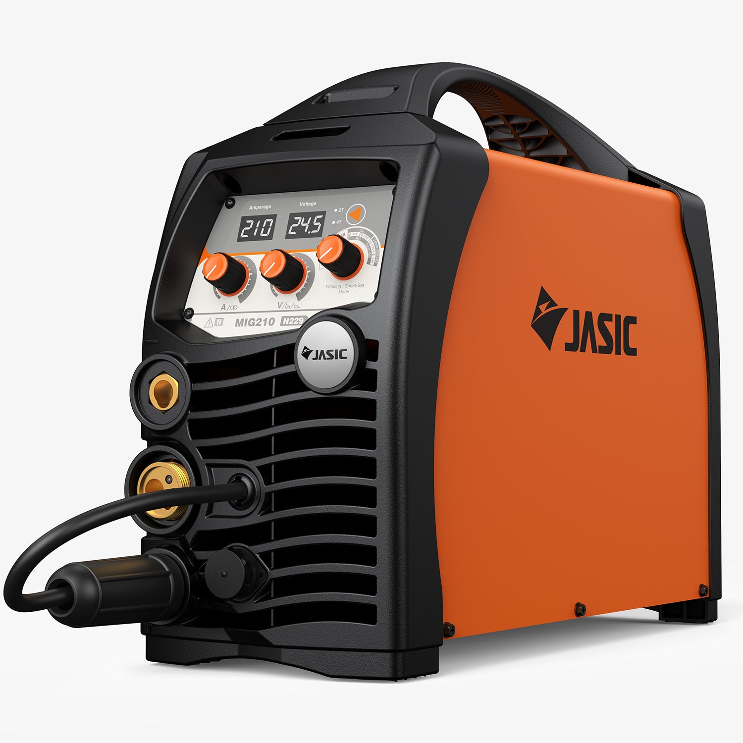 Orange and black MIG210 welder with digital display and control knobs
