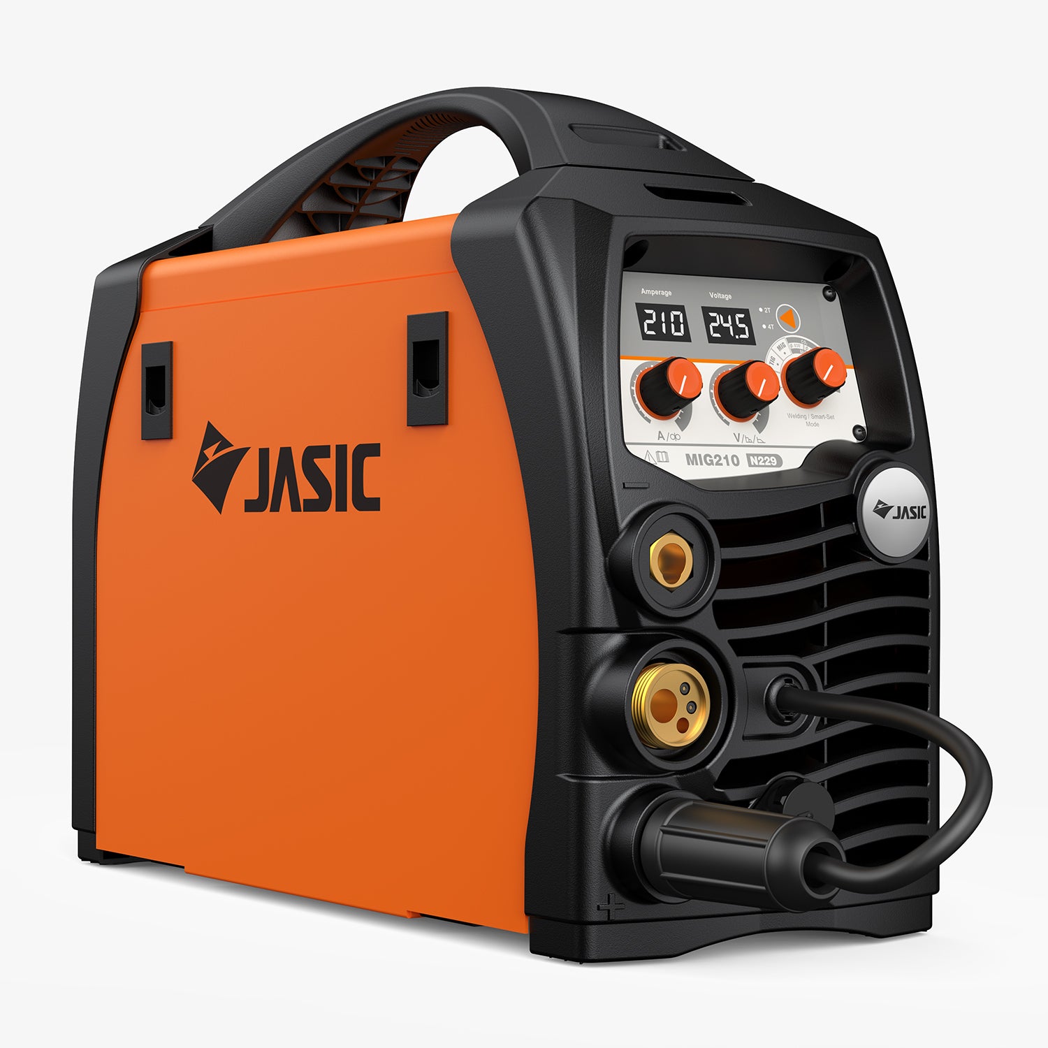 Orange and black portable MIG welder with digital display and control knobs
