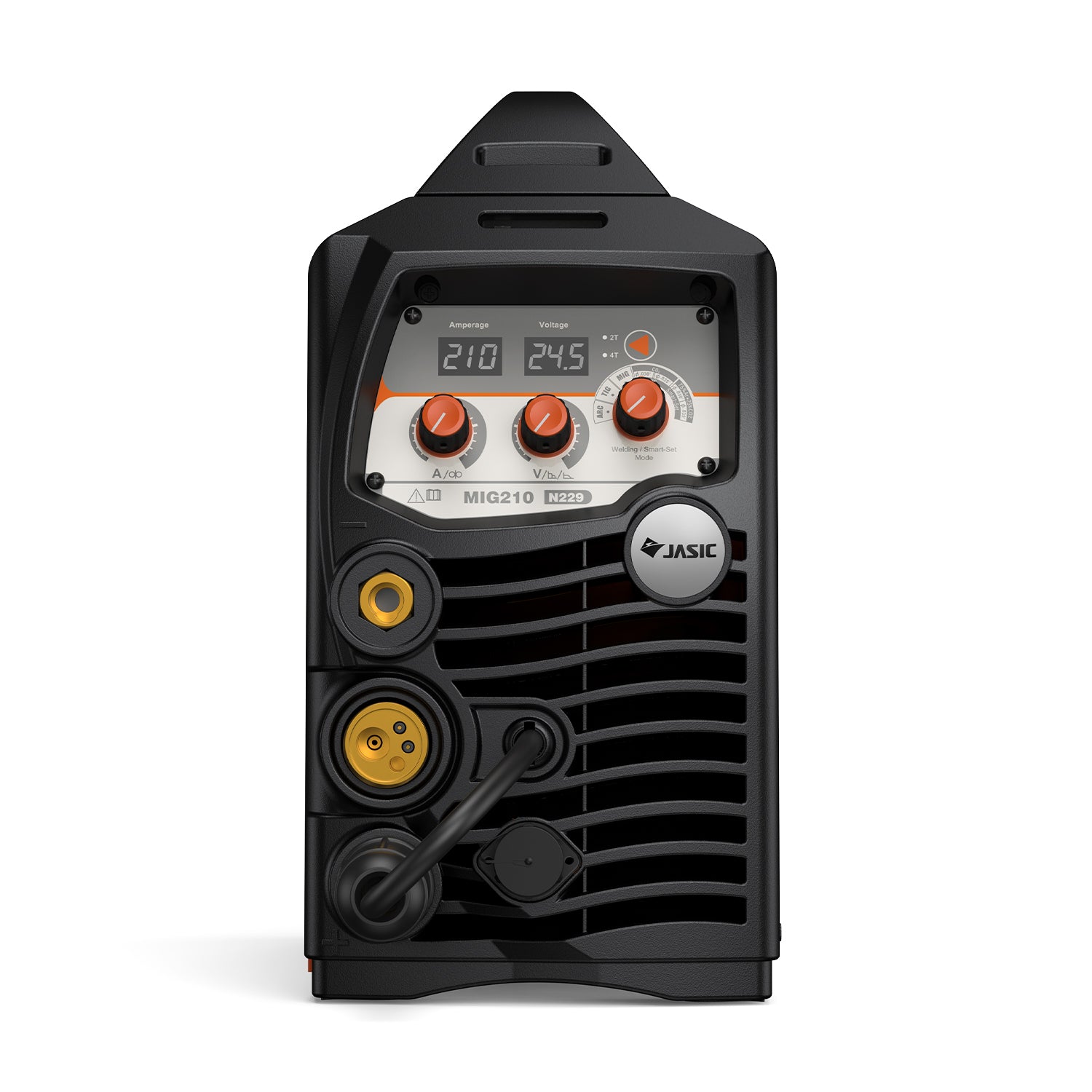 Front view of MIG210 compact digital inverter welder with control knobs and display