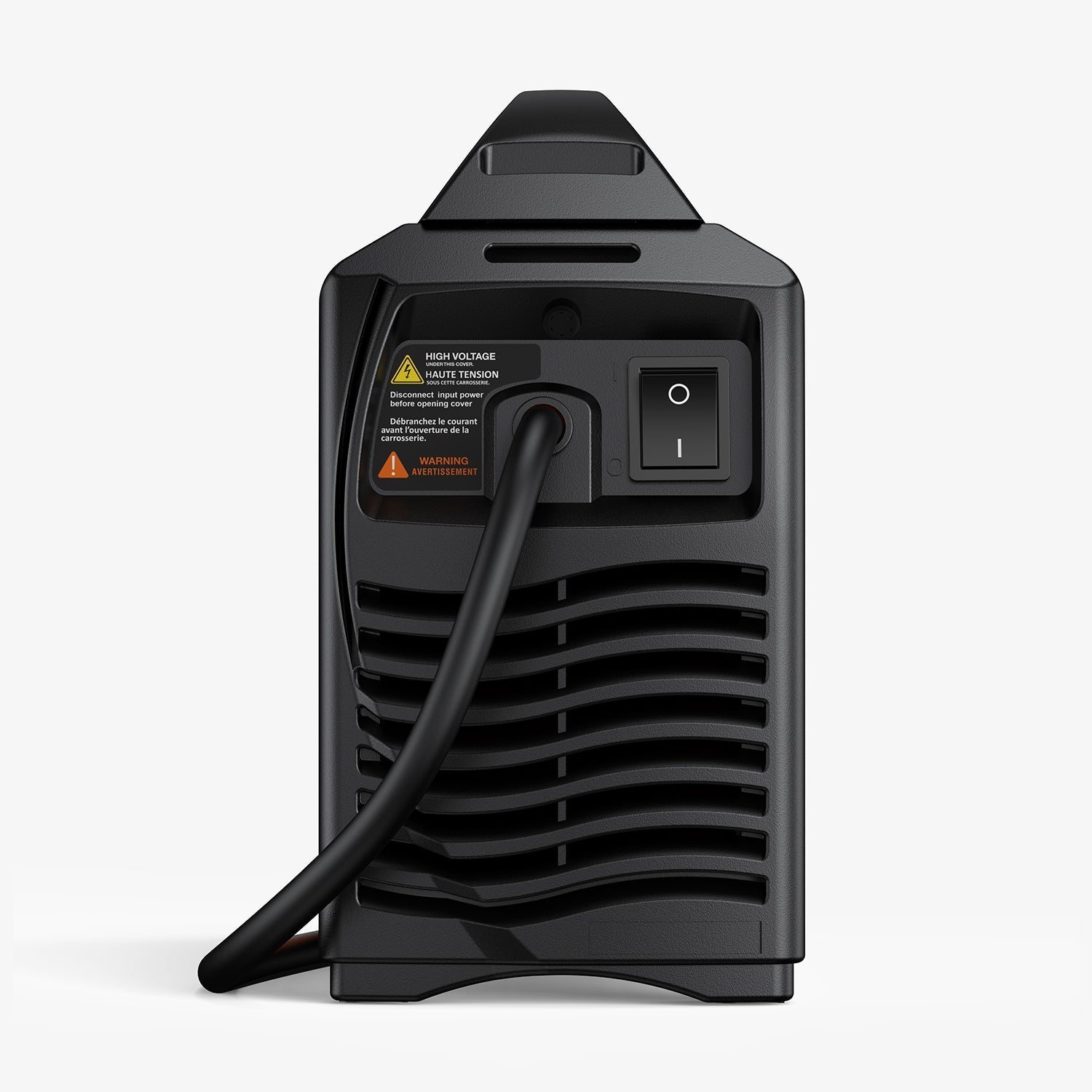 Back view of portable inverter welder with power cord, on/off switch, and vented panel