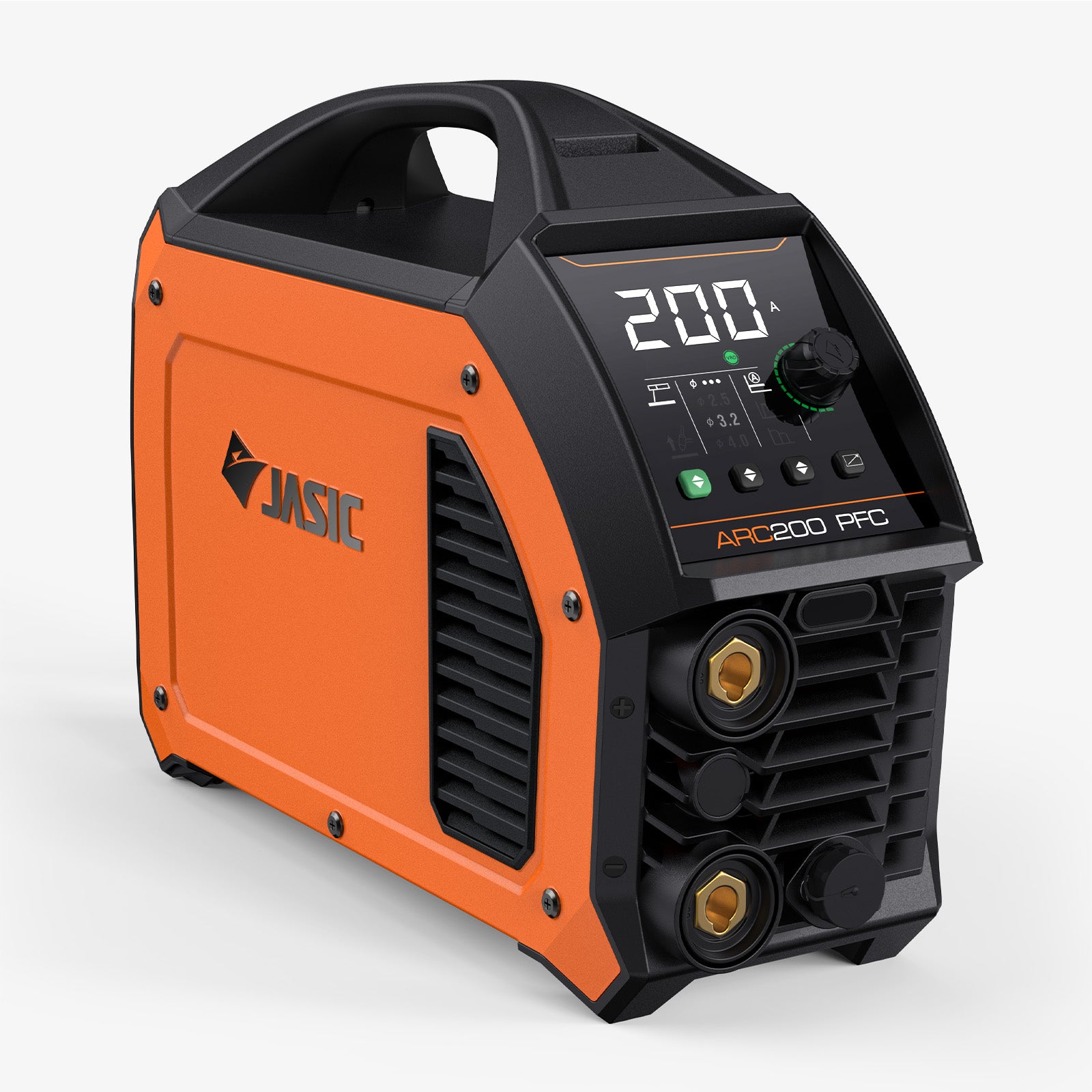 Orange and black welding machine with digital display on a white background