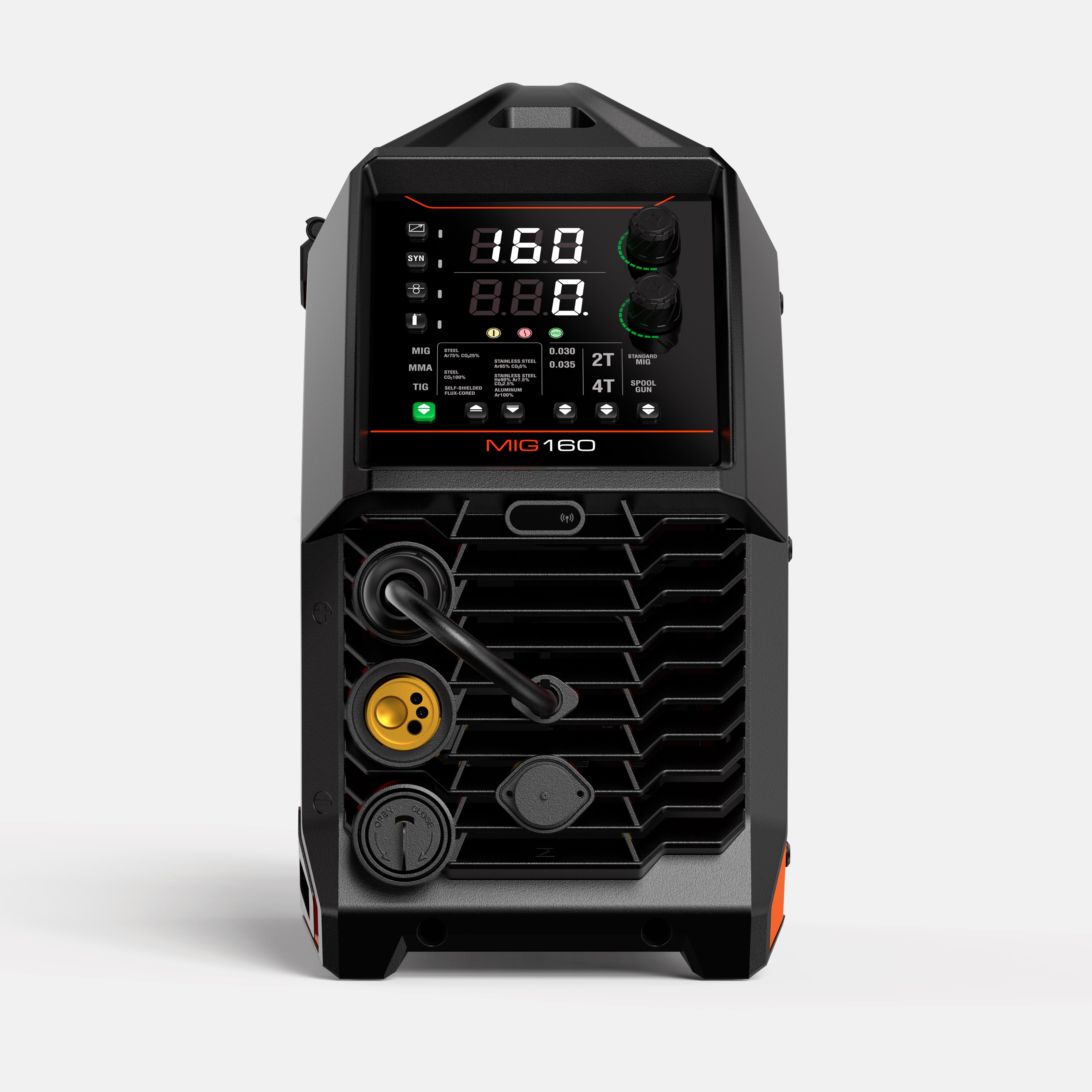 MIG 160 multi process welder with digital display, control knobs, and connector ports