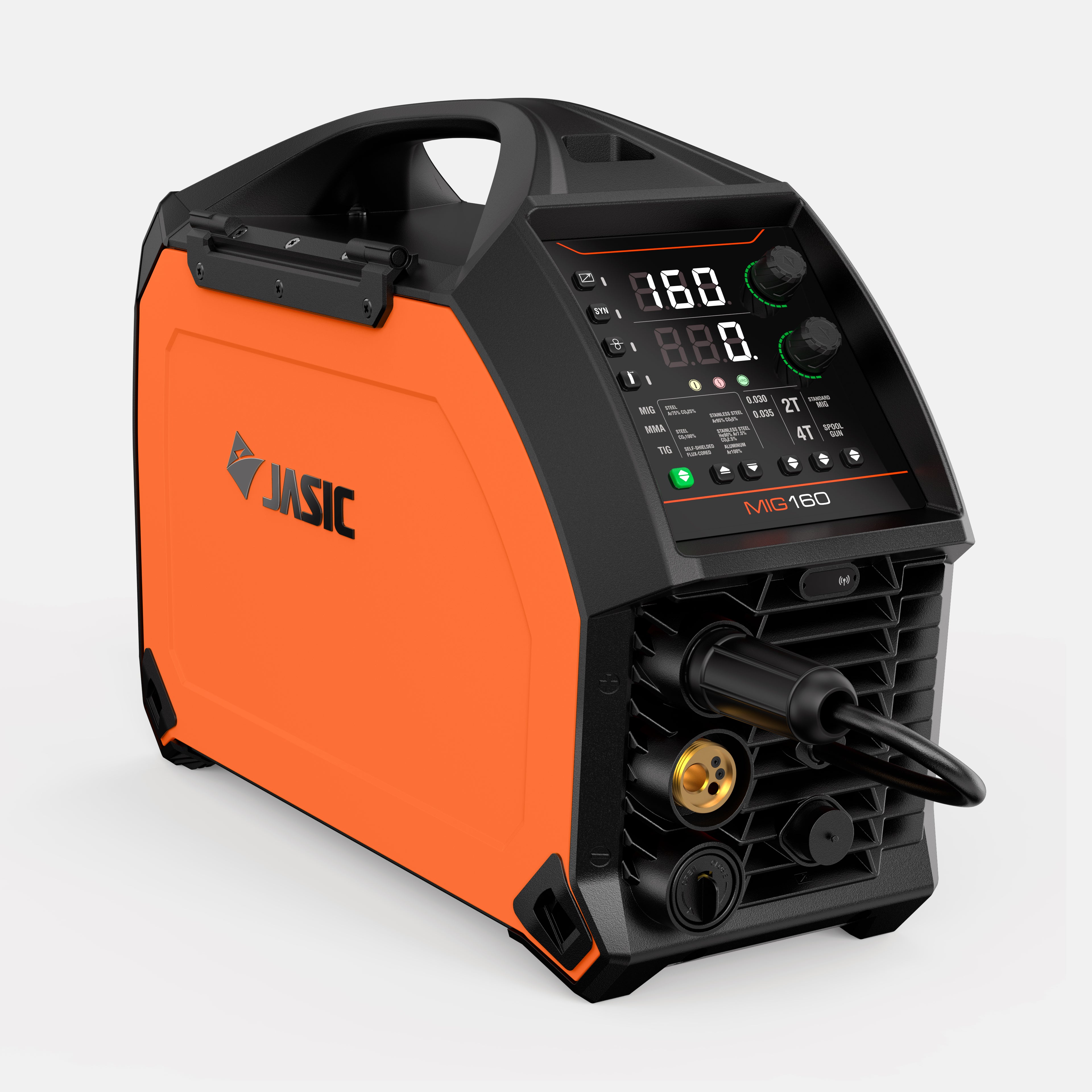 Orange MIG160 multi process welder with control panel and digital display, isolated on white background