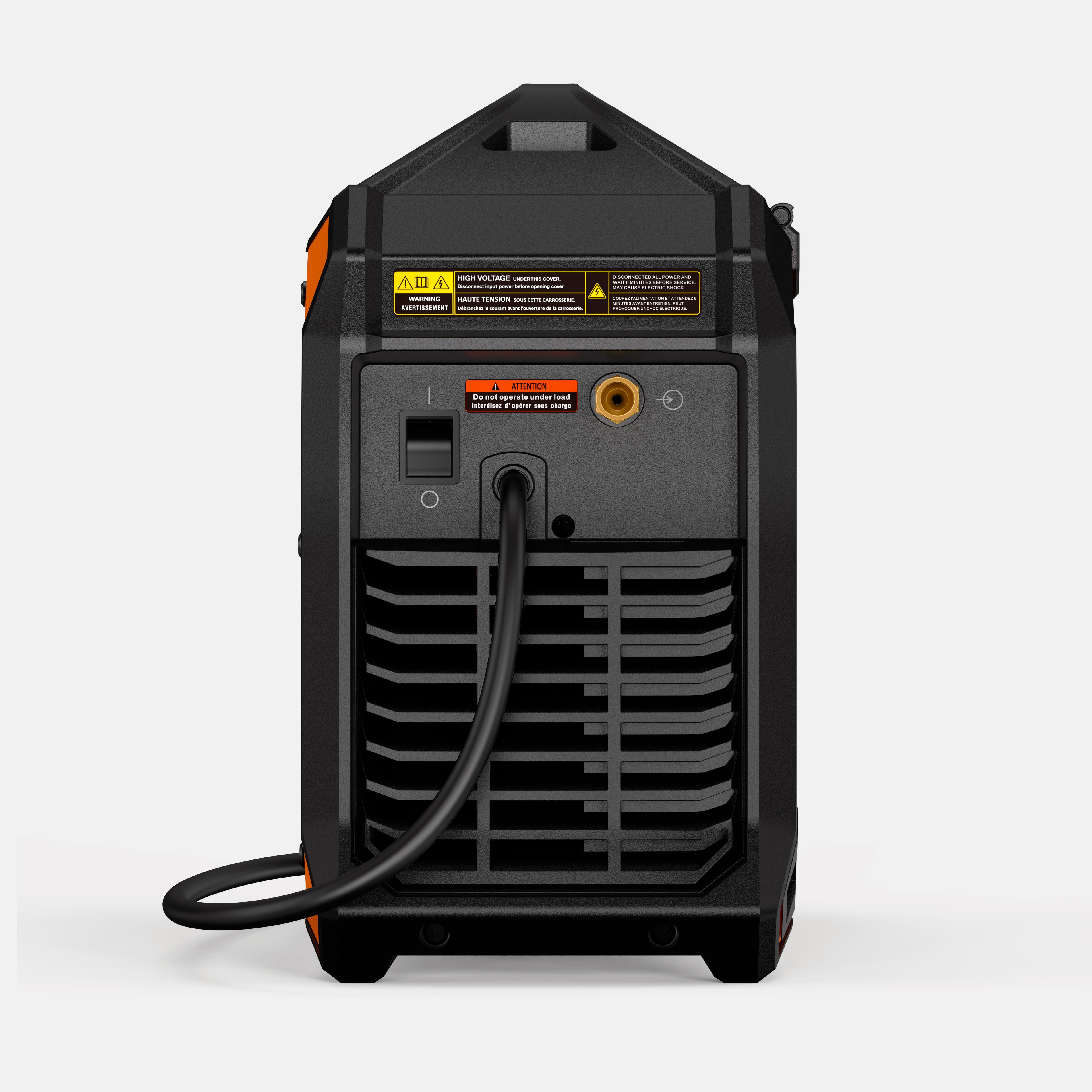 Rear view of industrial MIG welder with power cord, ventilation grilles, and safety labels