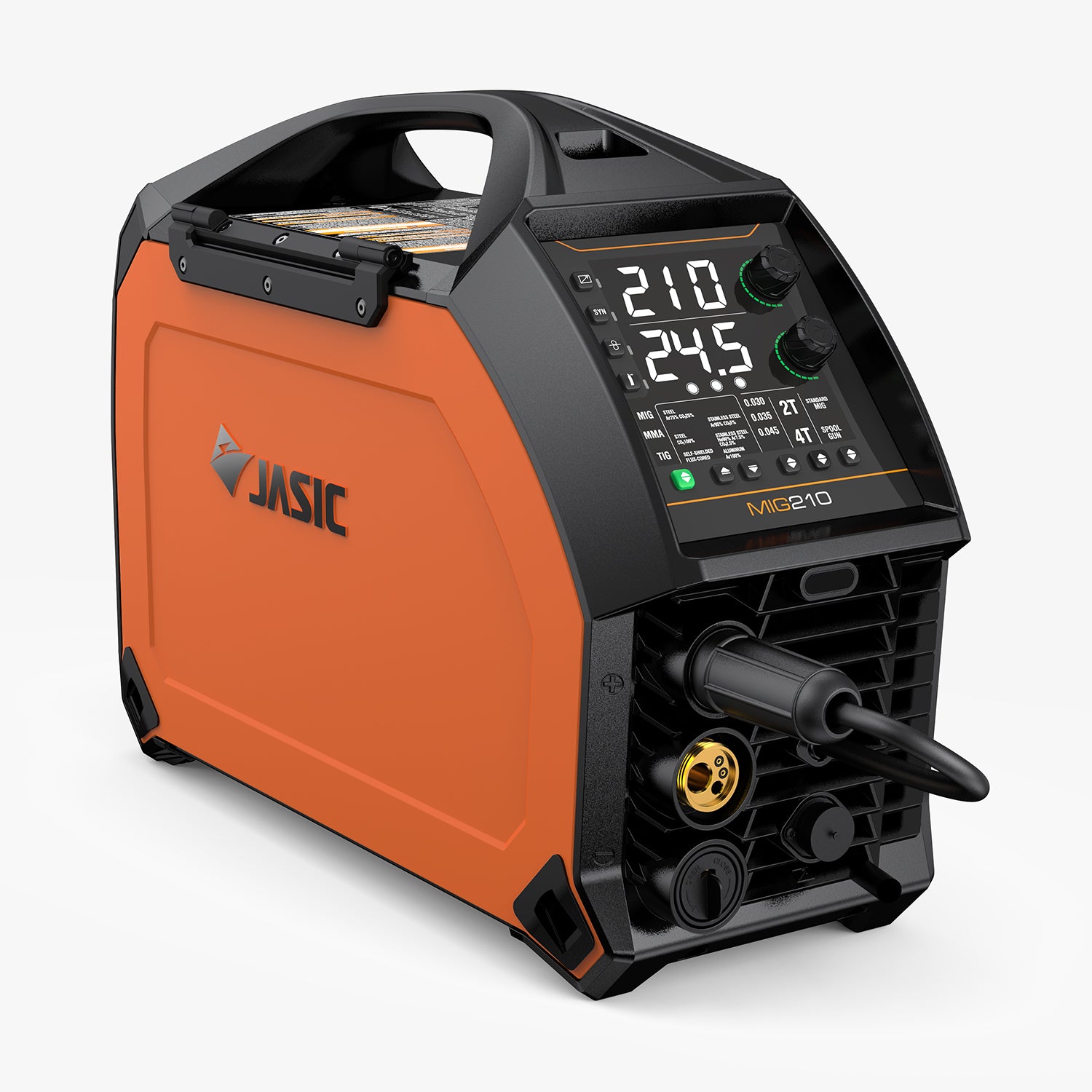 Orange MIG210 multi process welder with digital display and control panel on white background