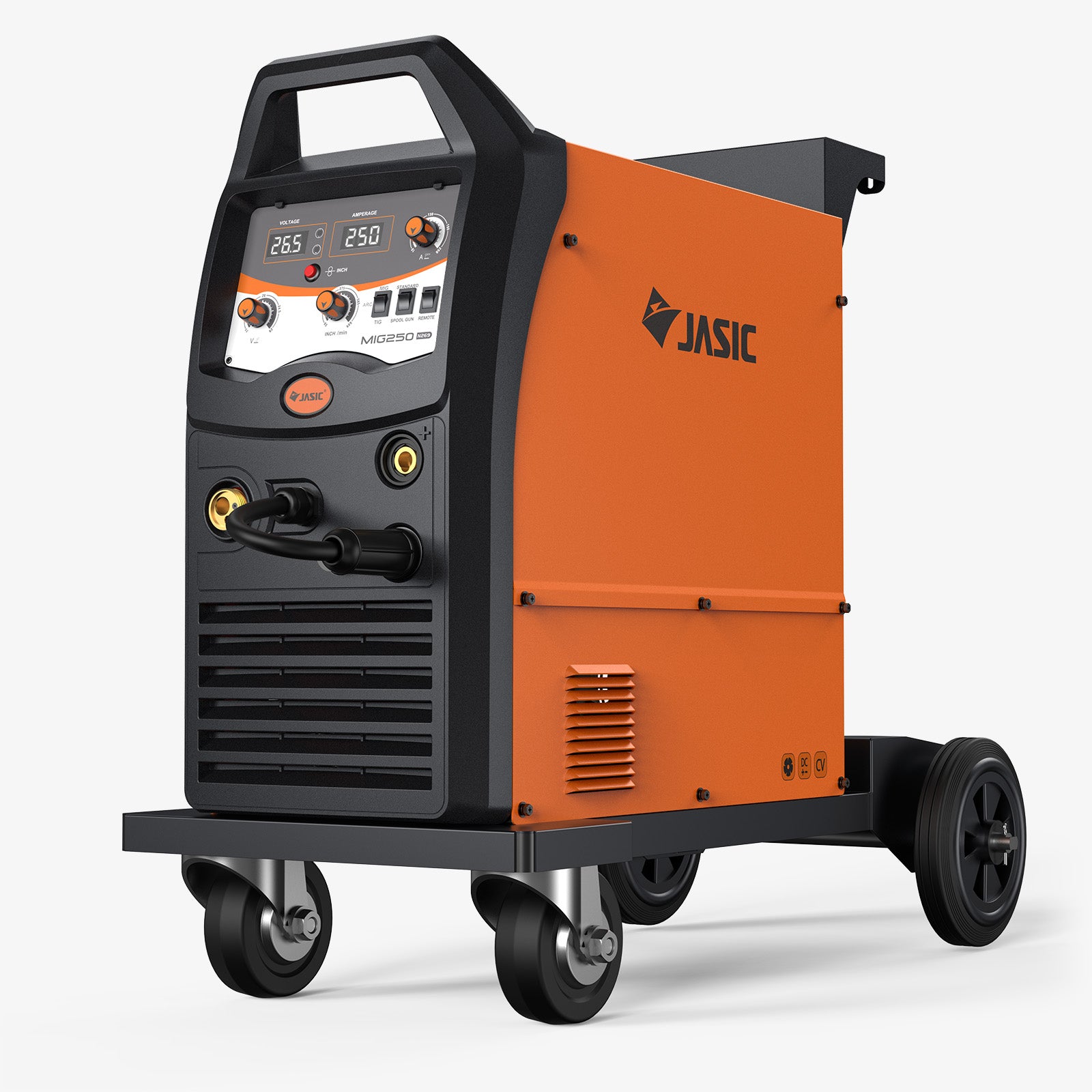Industrial MIG 250 welding machine with digital display, orange casing and wheeled base