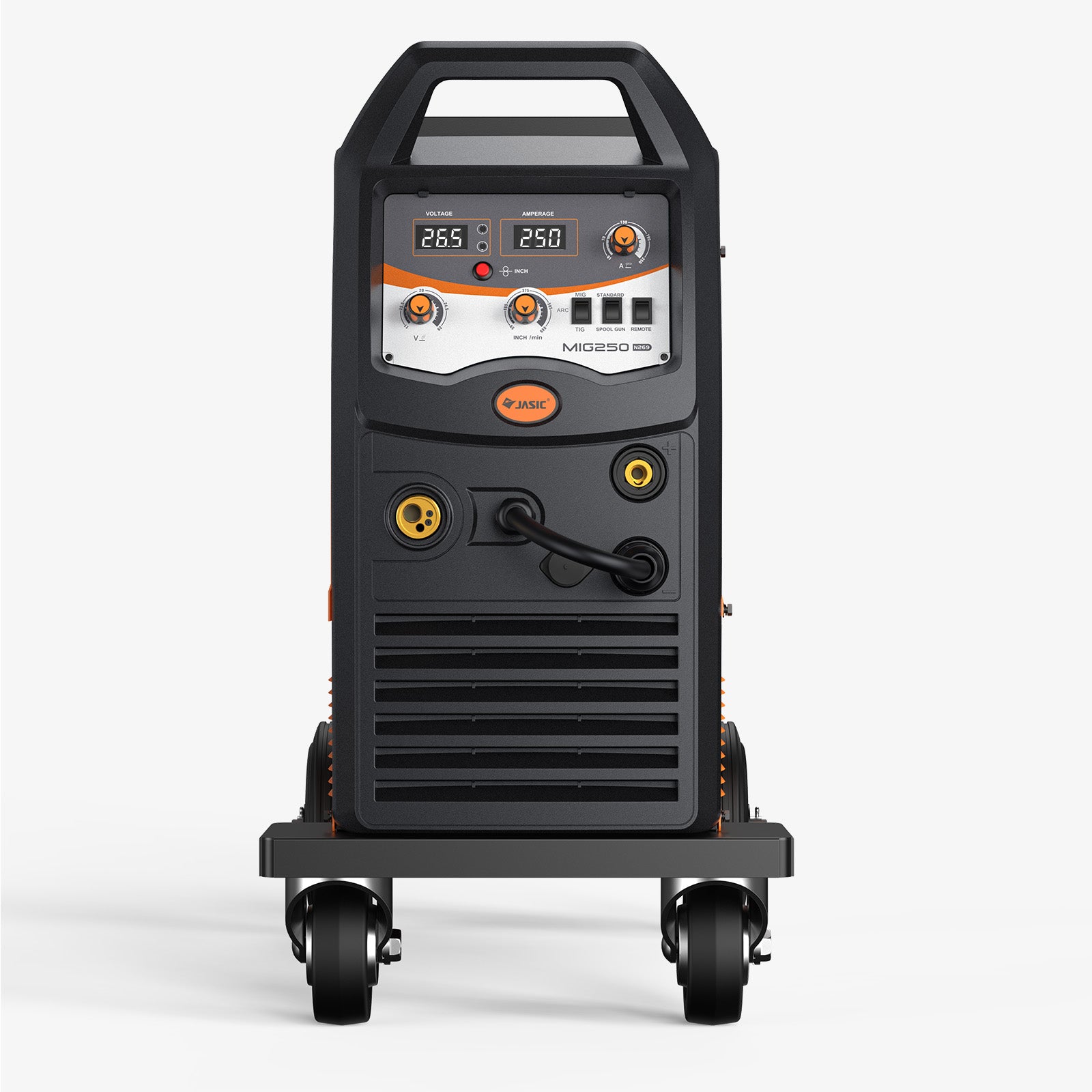 Industrial MIG250 multi process welder with digital display and control panel on wheels