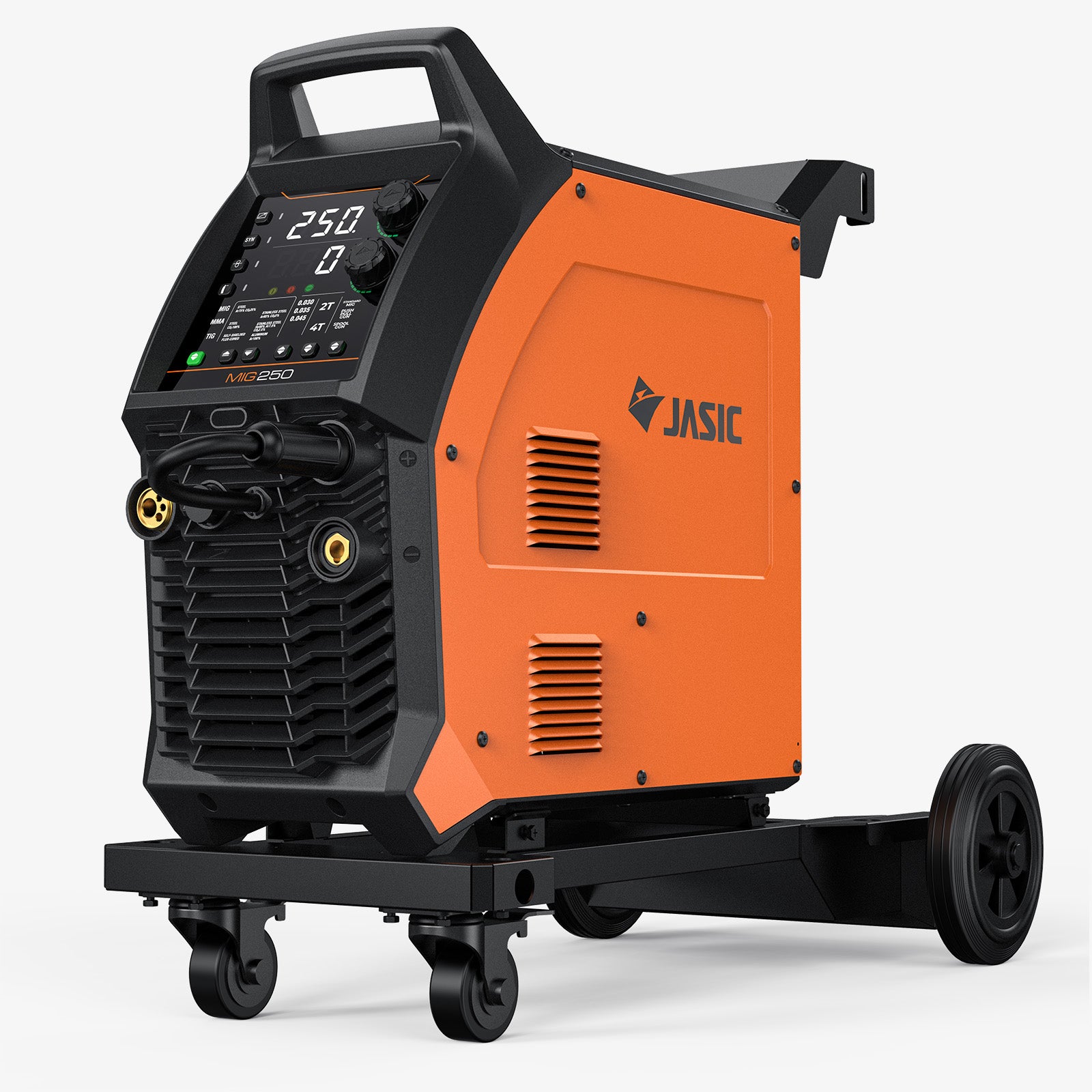 Orange MIG250 multi process welder with control panel and wheels on white background