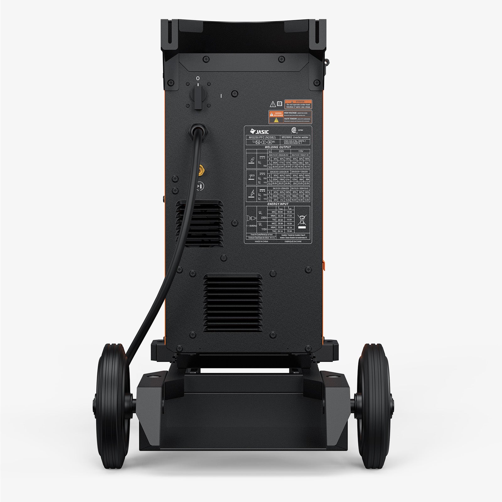 Rear view of an industrial MIG welder on wheels, showing power cord and vent panels.