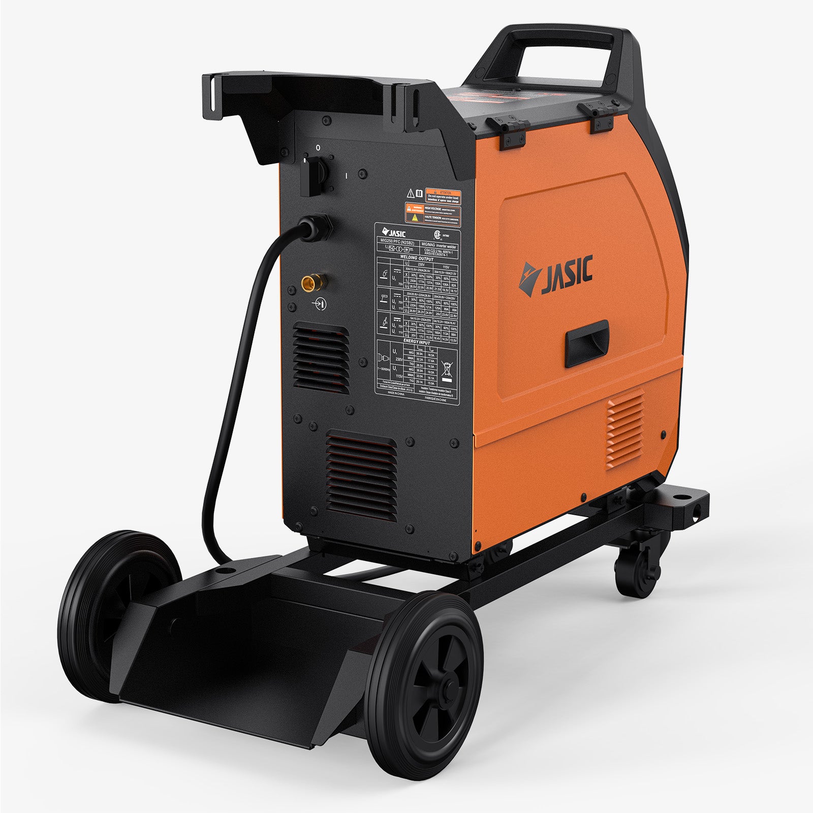 Orange MIG welding machine on wheels with control panel and rear handle, isolated on white background