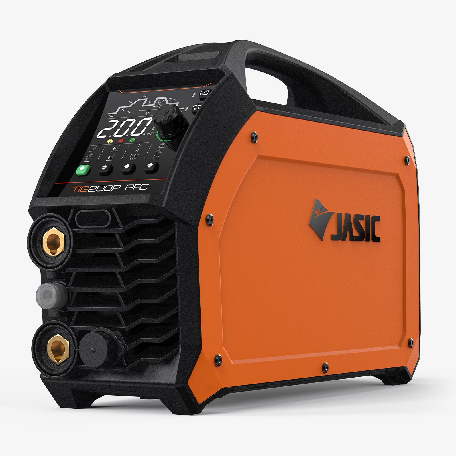 Orange inverter TIG welder with digital control panel and black vents on white background