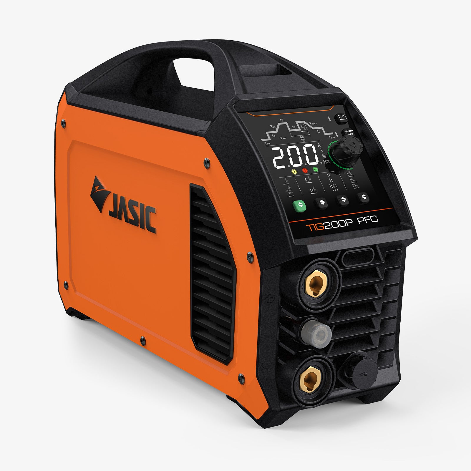 Orange TIG200P PFC digital TIG welder with LED display and control panel, angled view