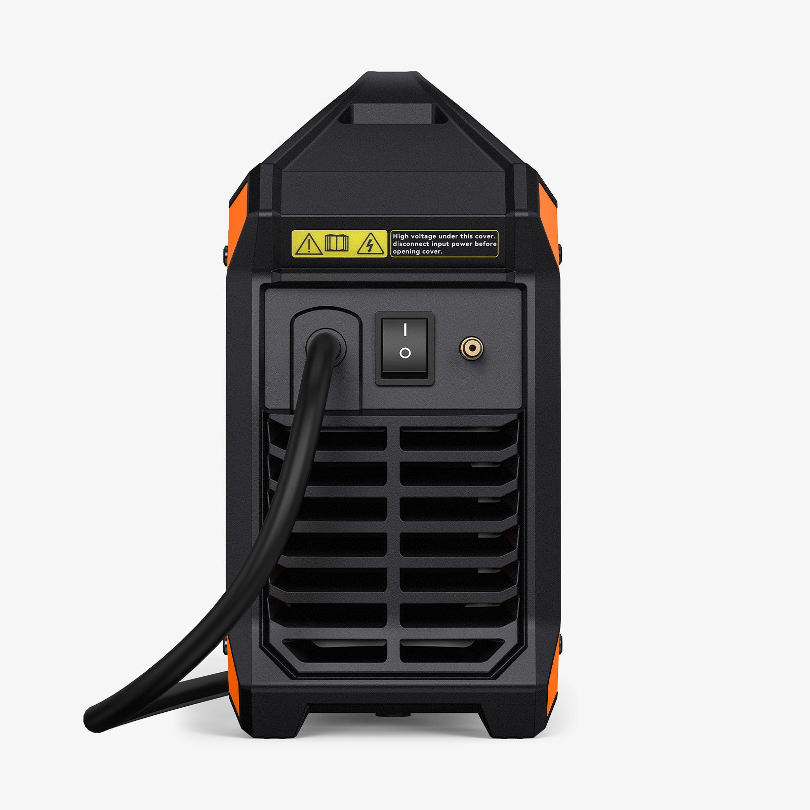 Rear view of a TIG welder machine with power switch, vent, and connected power cable