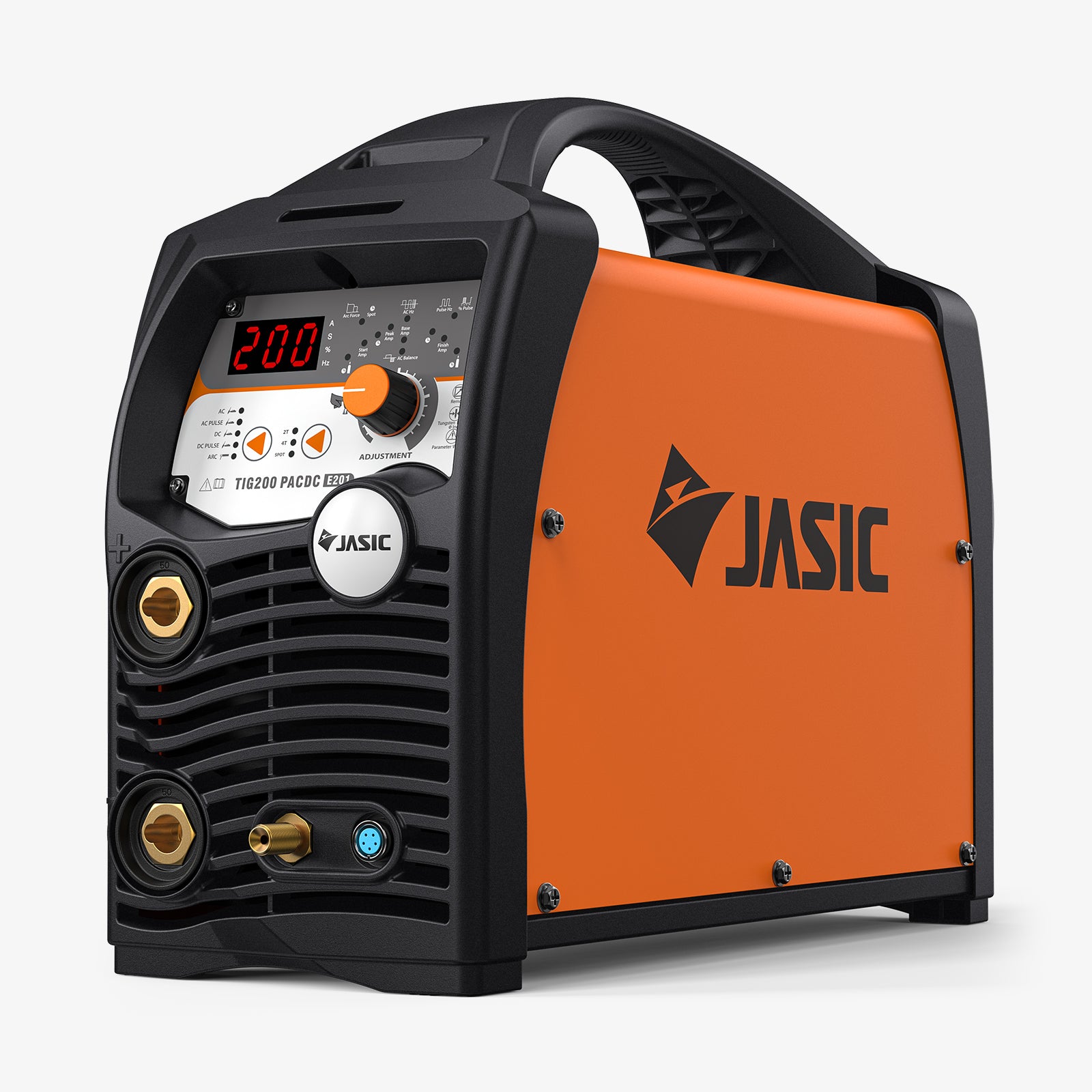 Orange TIG200 PACDC industrial TIG welder with digital display and control knobs
