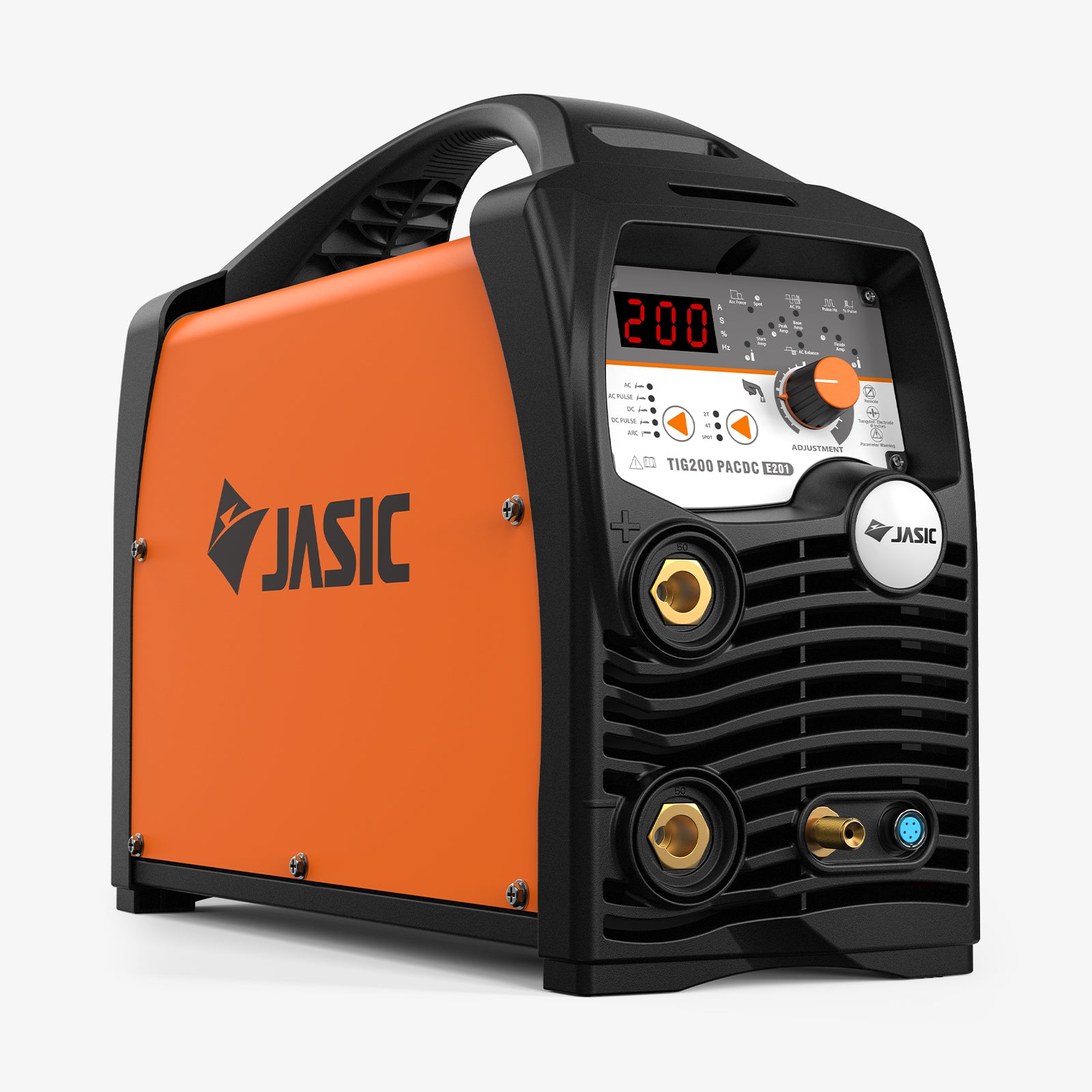 Portable orange TIG welder with digital display and control panel, front connectors visible