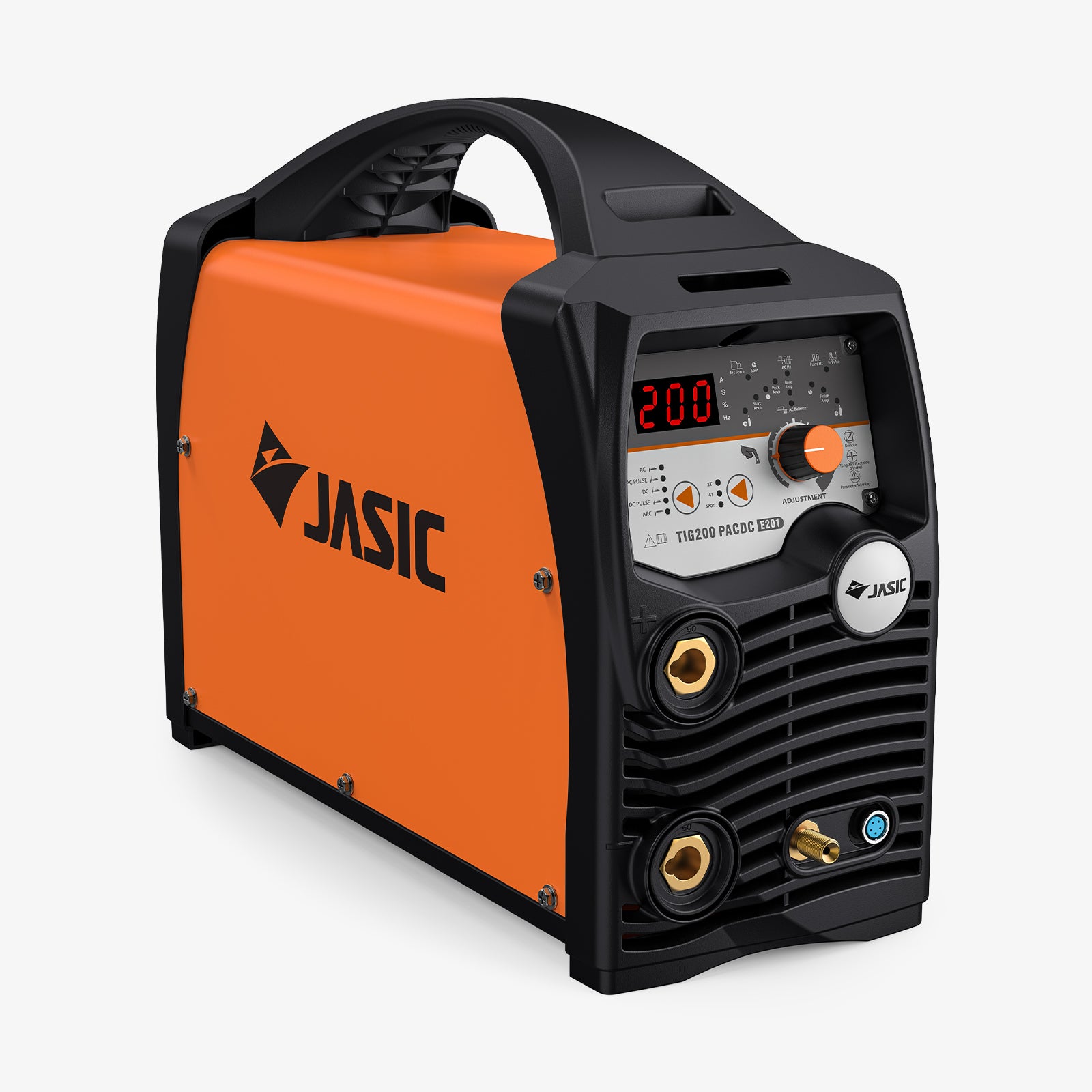 Portable orange and black TIG welder with digital control panel and sturdy handle