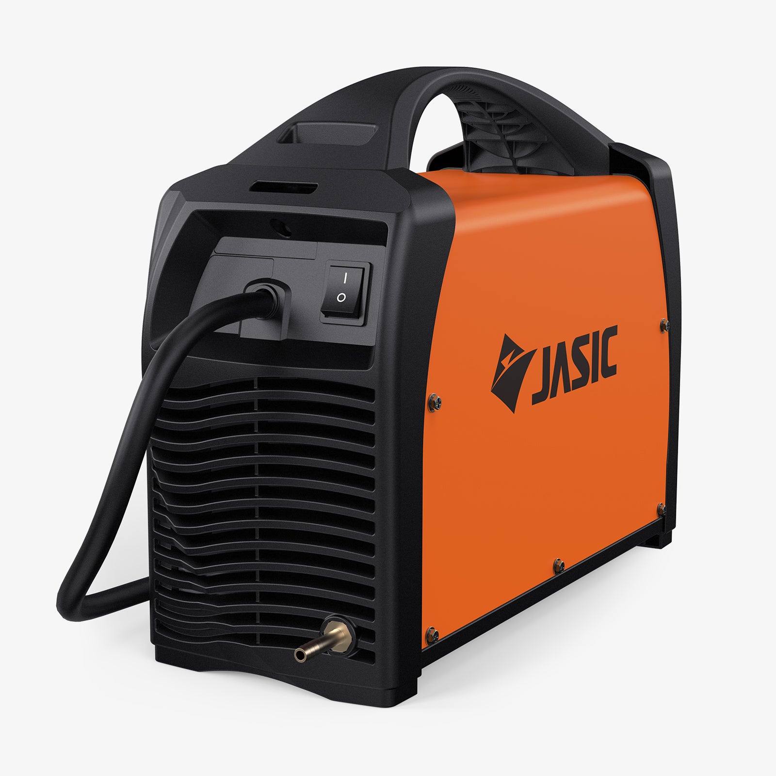 Portable orange TIG welder with carrying handle and power switch, isolated on white background.