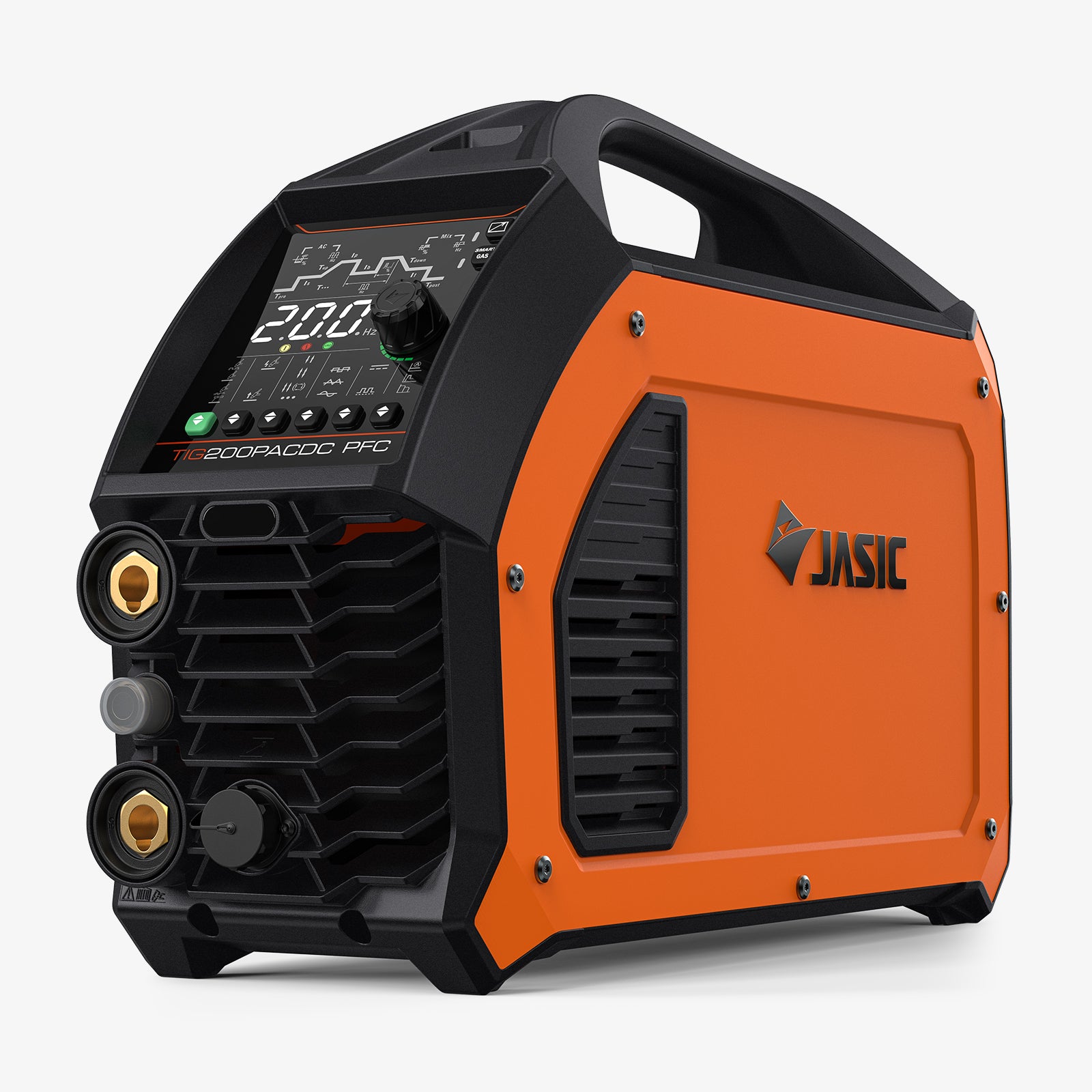 Orange and black TIG welder with digital control panel for industrial welding