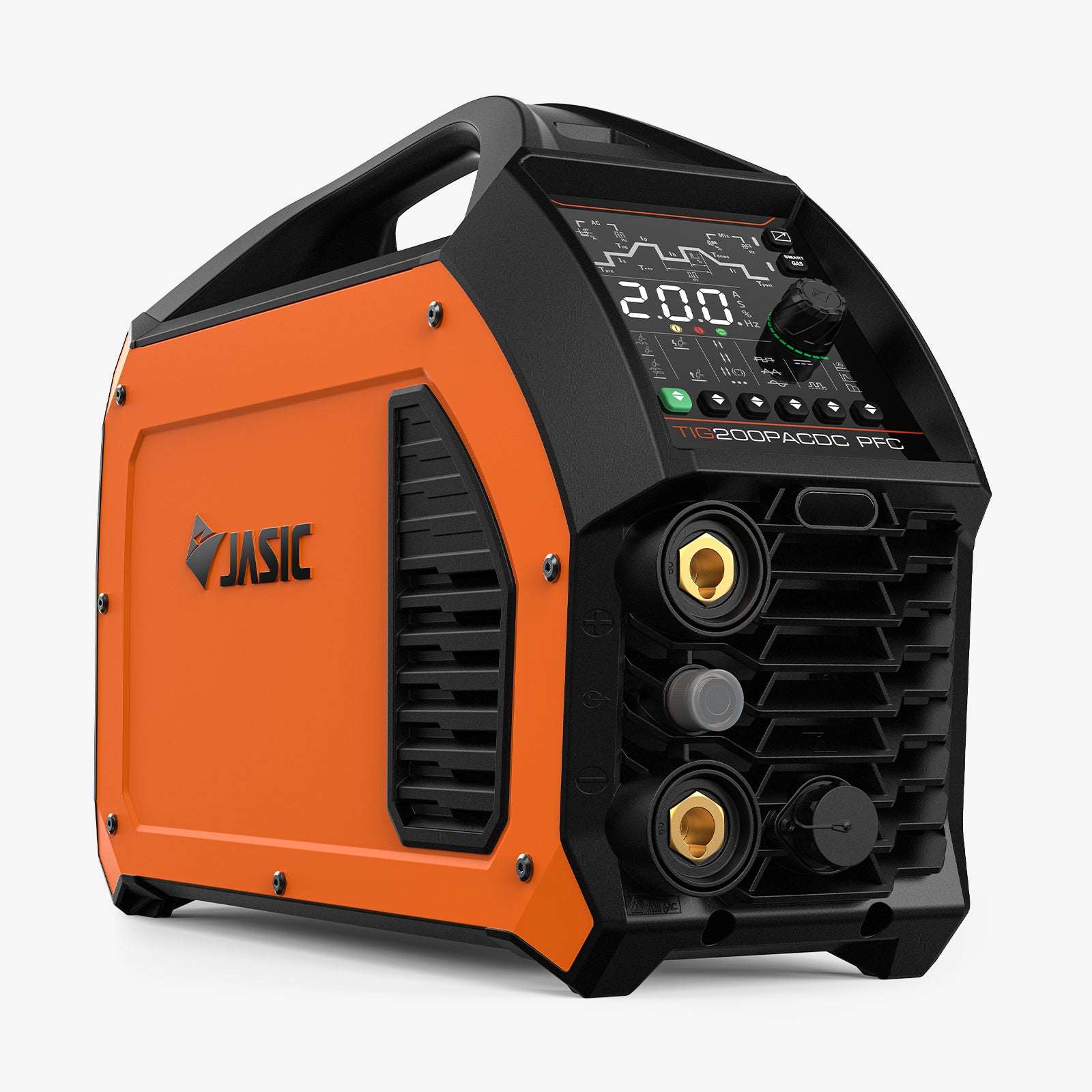 Orange and black inverter TIG welder with digital control panel and connection ports
