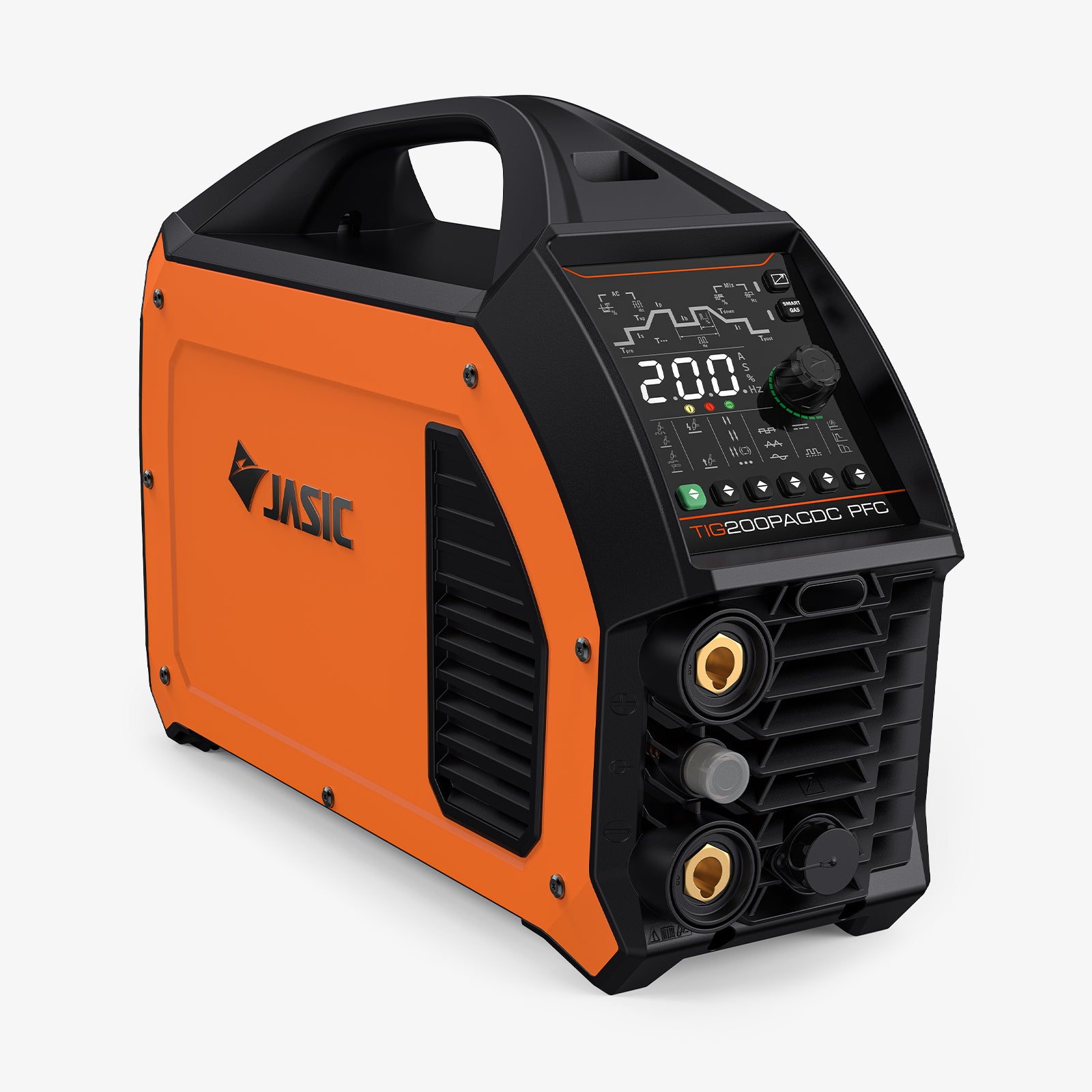 Orange TIG200PACDC PFC TIG welder with digital control panel and front connectors