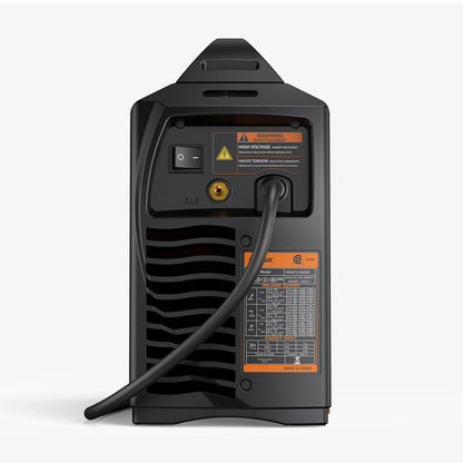 Back view of a MIG welder machine showing power switch, cable, and safety labels