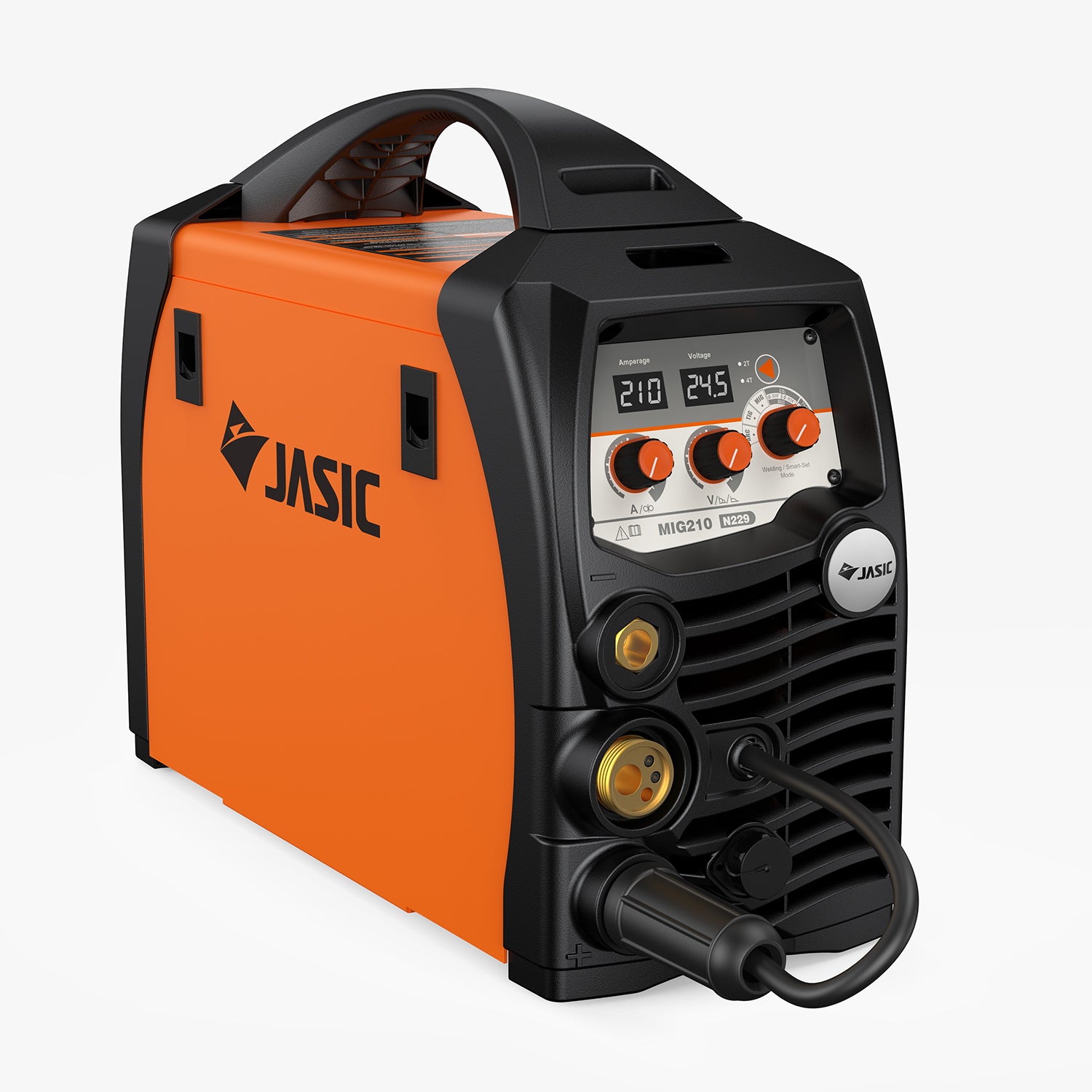 Orange and black MIG210 welder with digital display and control knobs, industrial welding equipment.
