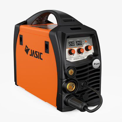 Orange and black MIG210 welder with digital display and control knobs, industrial welding equipment.