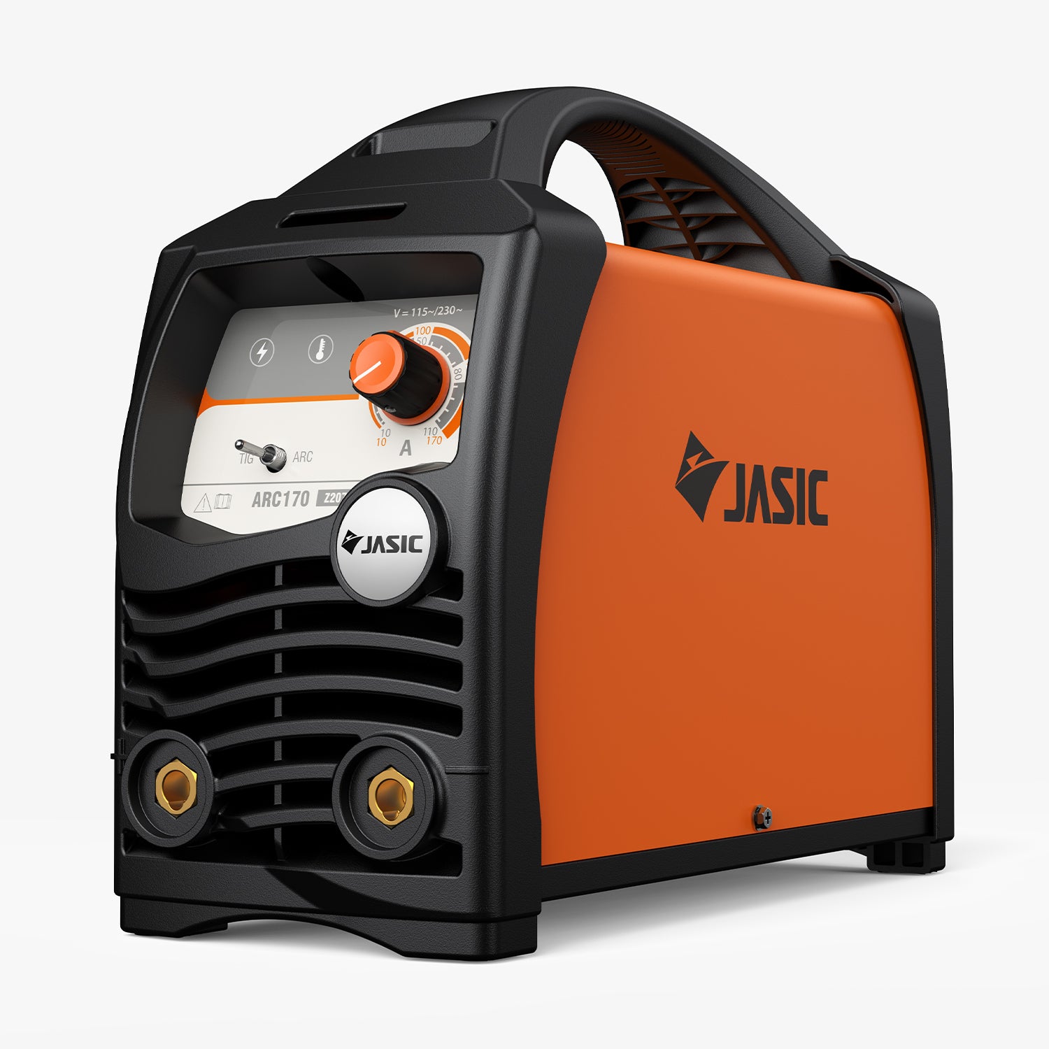 Compact orange arc welder with control knob, dual connectors, and a sturdy handle