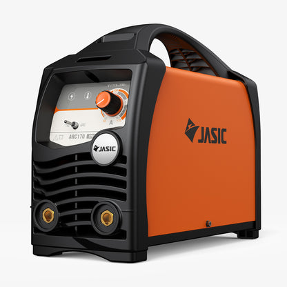 Compact orange arc welder with control knob, dual connectors, and a sturdy handle