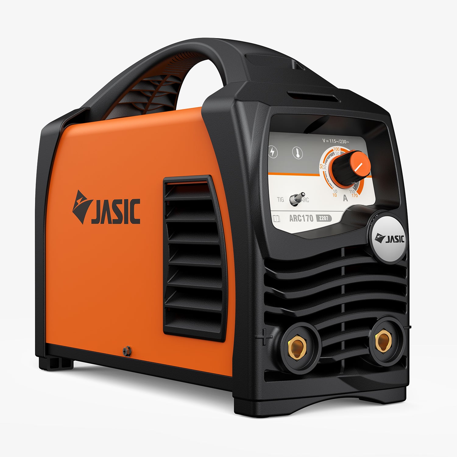 Portable orange arc welder with digital control panel and black vented sides