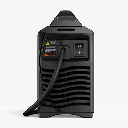 Back view of portable inverter welder with power cord, on/off switch, and vented panel
