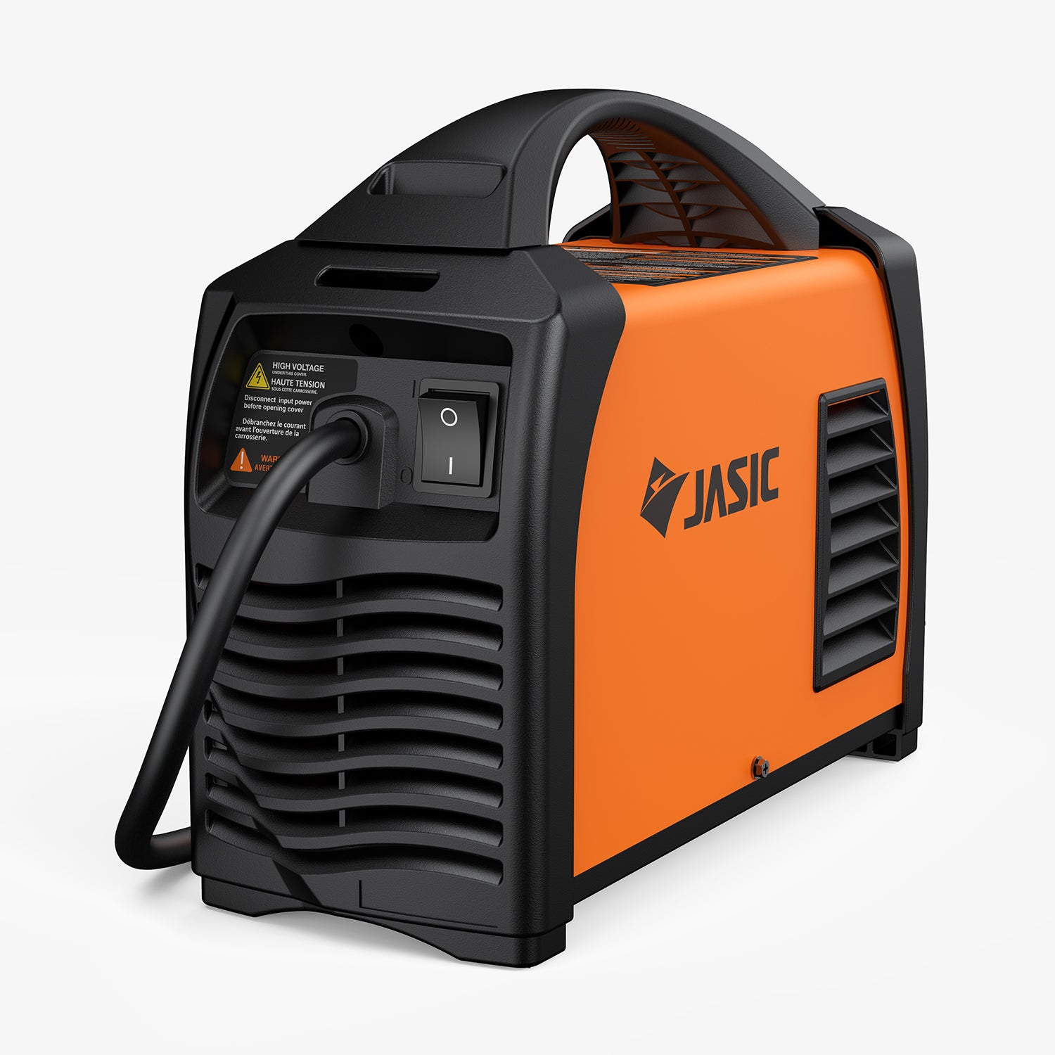 Orange and black portable stick welder with handle, power switch, and visible vents