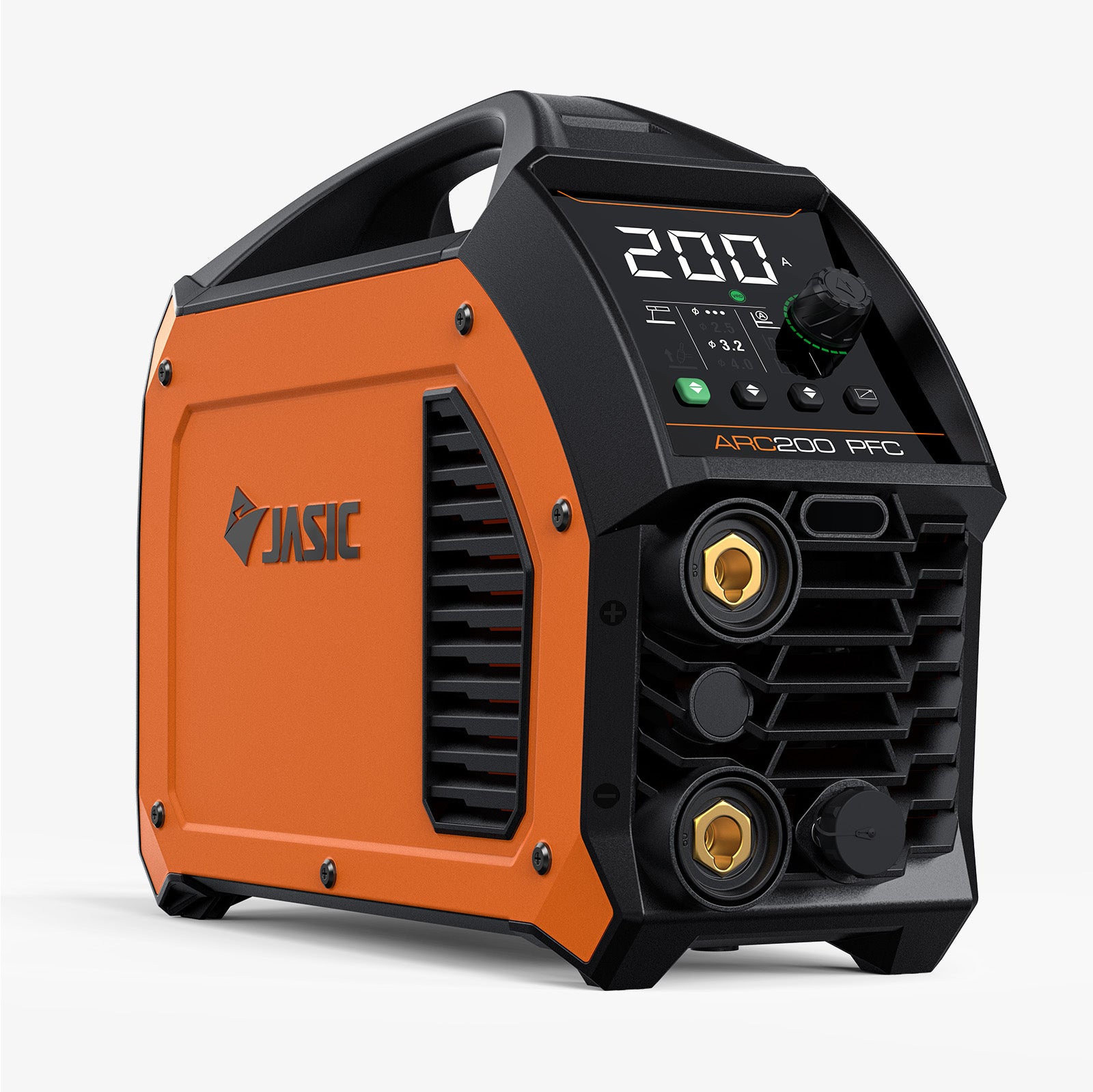 Orange and black welding machine with digital display on a white background