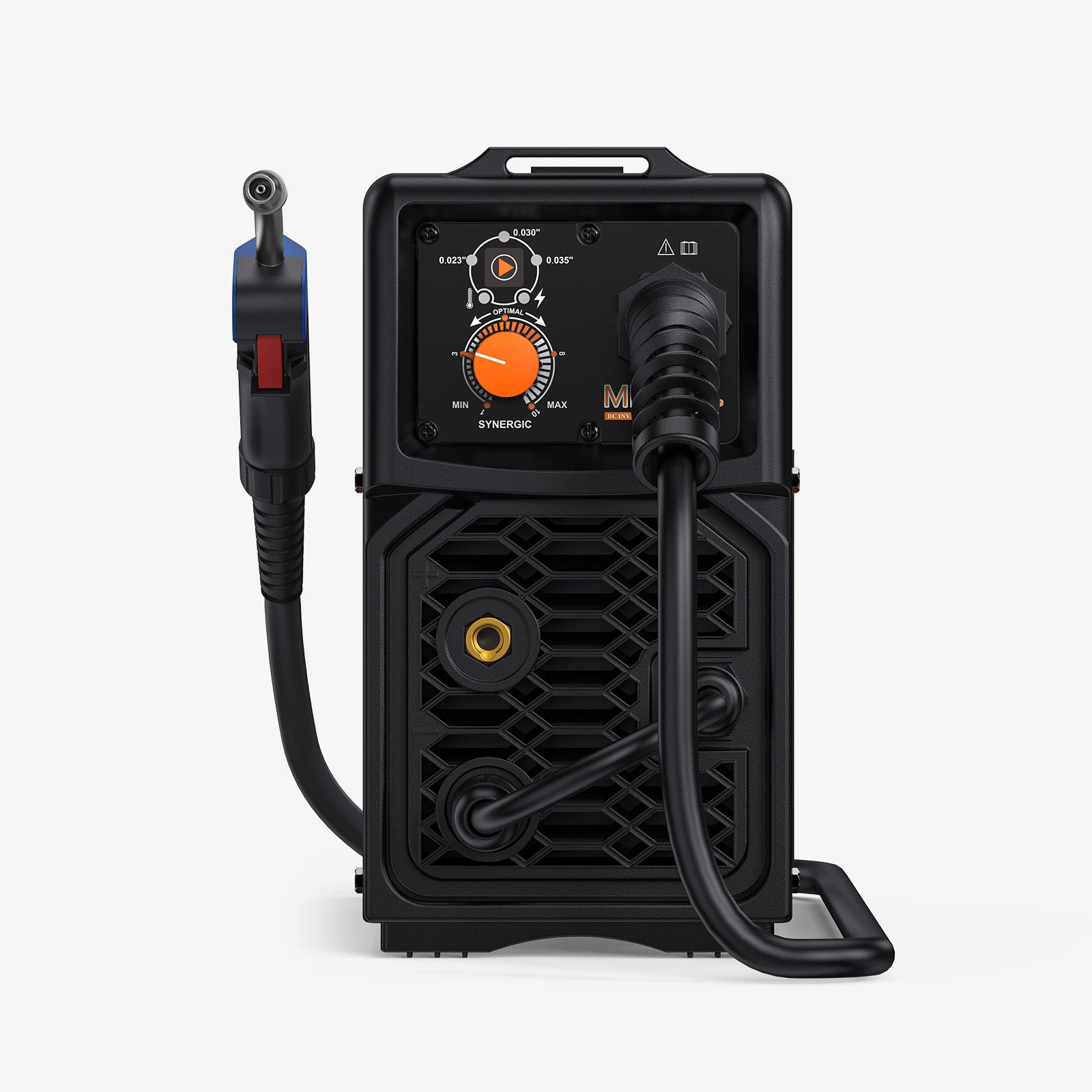 Compact digital MIG welder with control panel, torch, and black cables on white background.