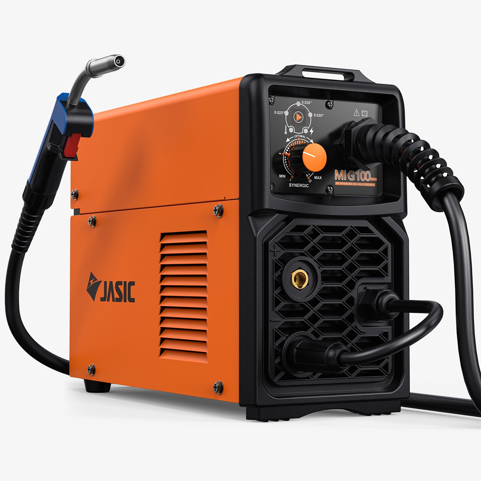 Compact orange MIG 100 welder with control panel and attached welding torch on white background