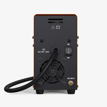 Rear view of welding machine showing power cord, on-off switch, cooling fan, and gas inlet port.