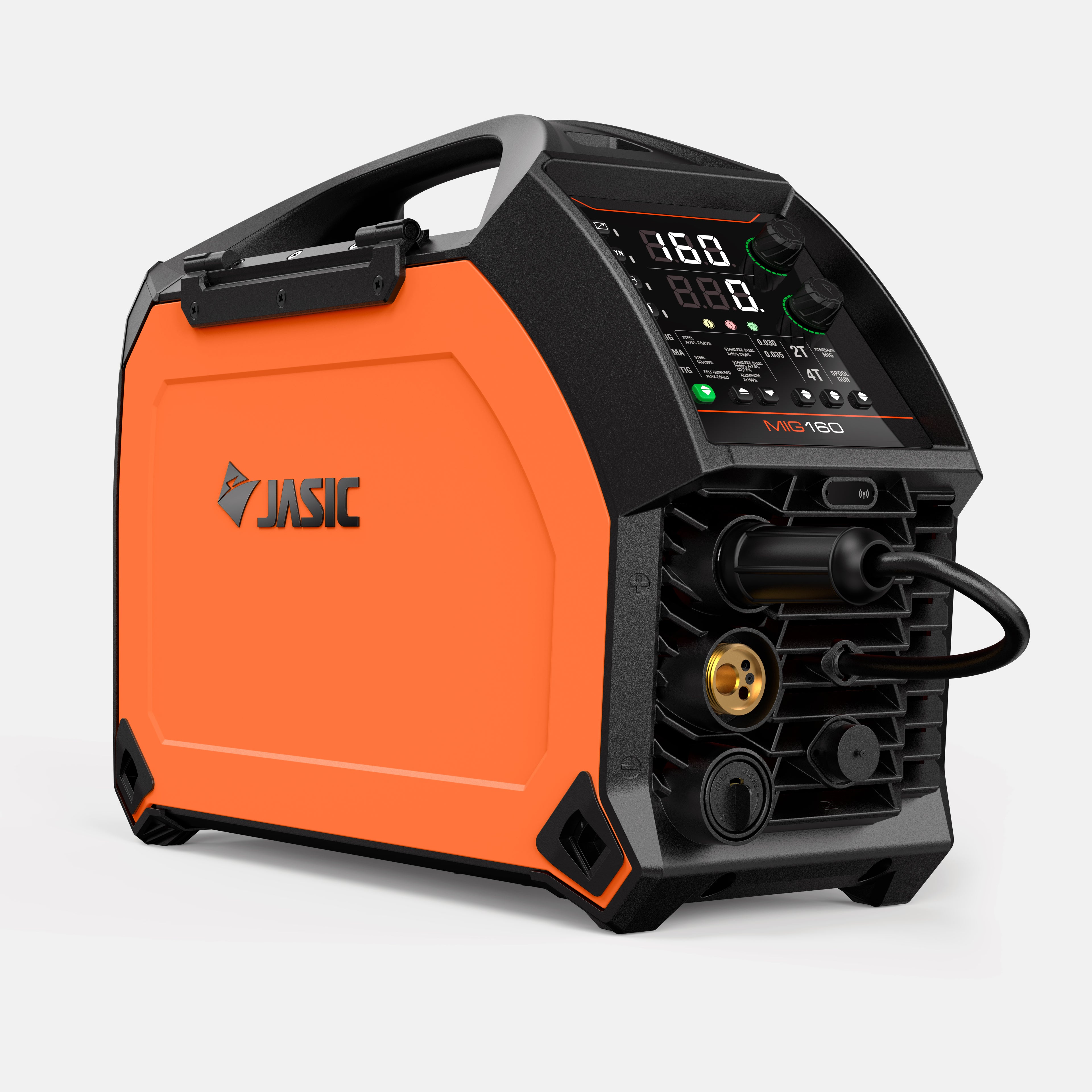 Orange and black MIG160 welding machine with digital control panel and cable ports