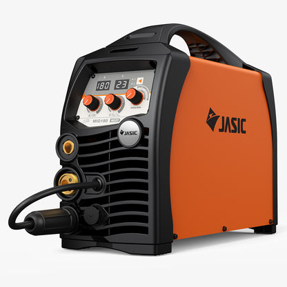 Compact orange MIG180 welding machine with digital display and control knobs