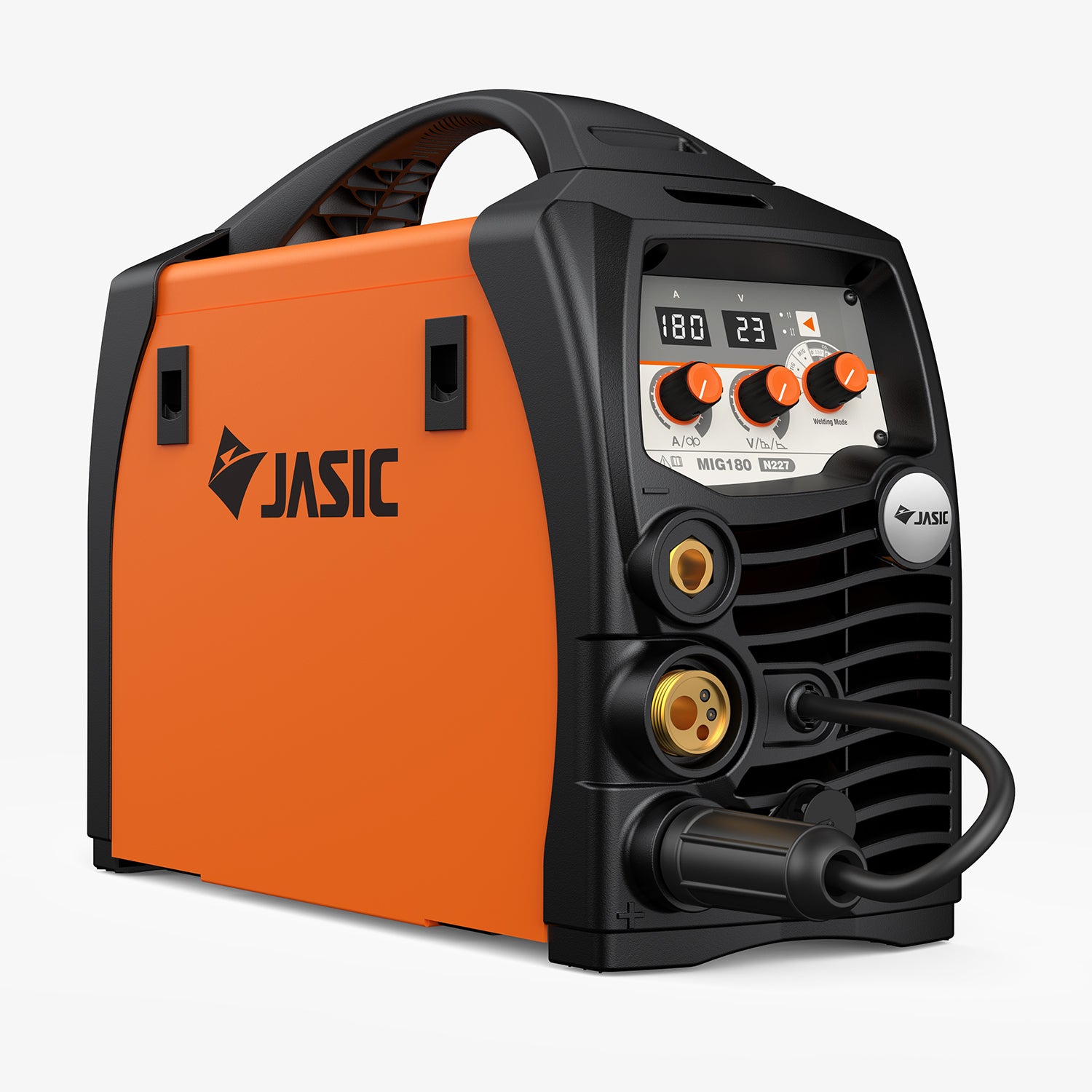Compact orange MIG180 welding machine with control panel and cable connectors