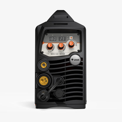 Front view of MIG180 digital MIG welder with control knobs and connection ports