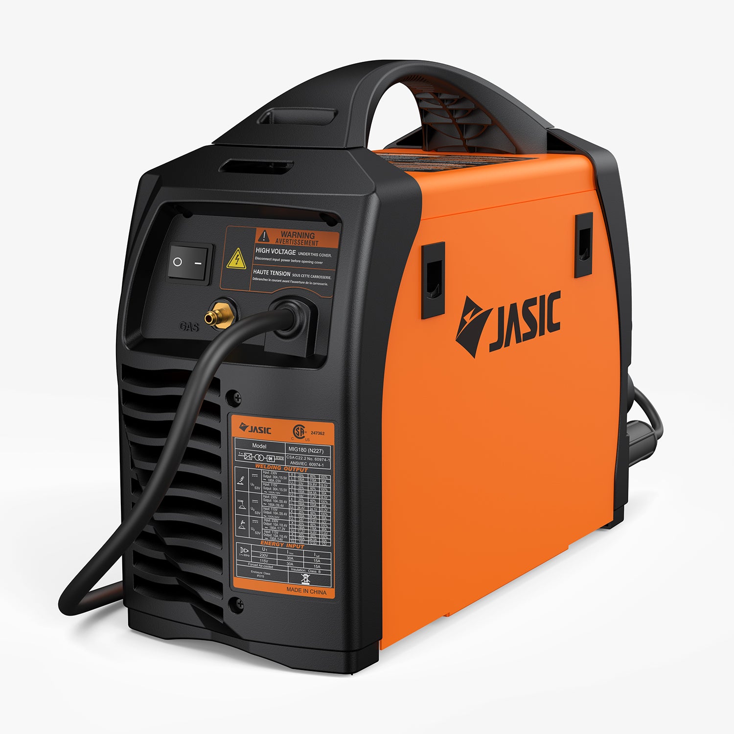 Orange MIG welder with labeled controls and attached cables on a white background
