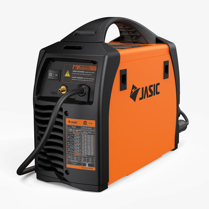 Orange MIG welder with labeled controls and attached cables on a white background