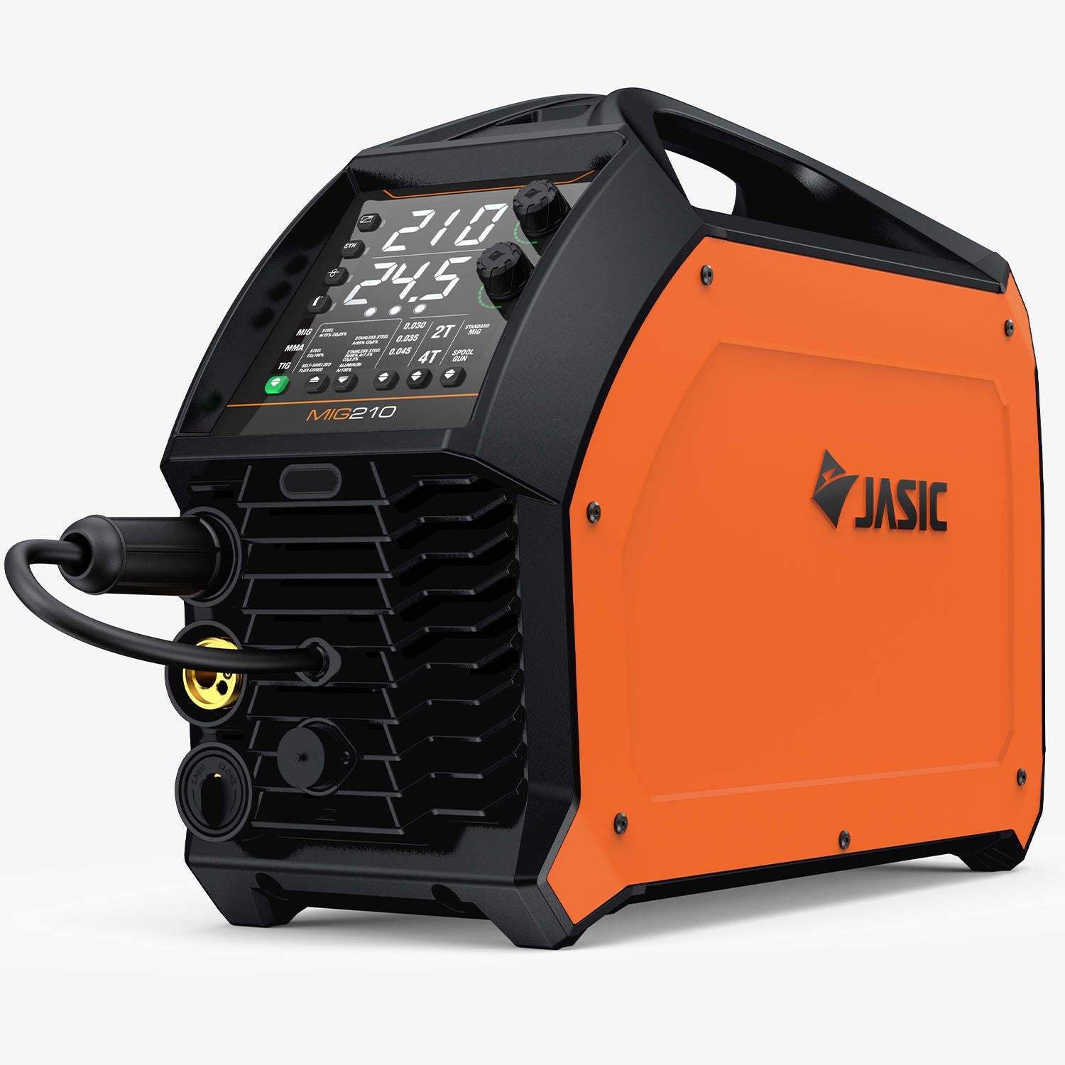 MIG210 orange MIG welder with digital display and control panel, side handle visible