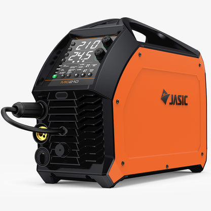 MIG210 orange MIG welder with digital display and control panel, side handle visible