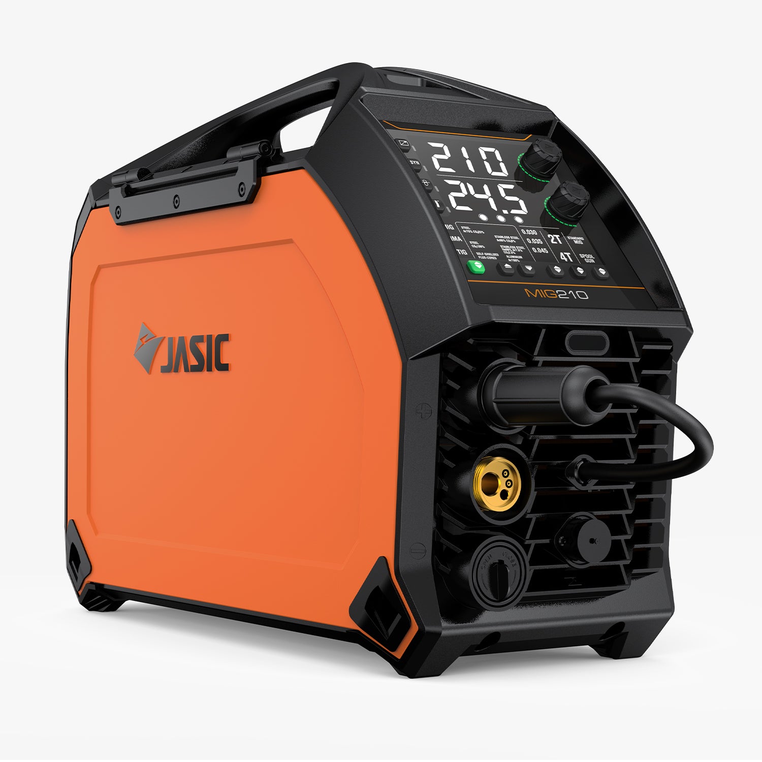Orange MIG 210 digital multi process welder with display and connector ports