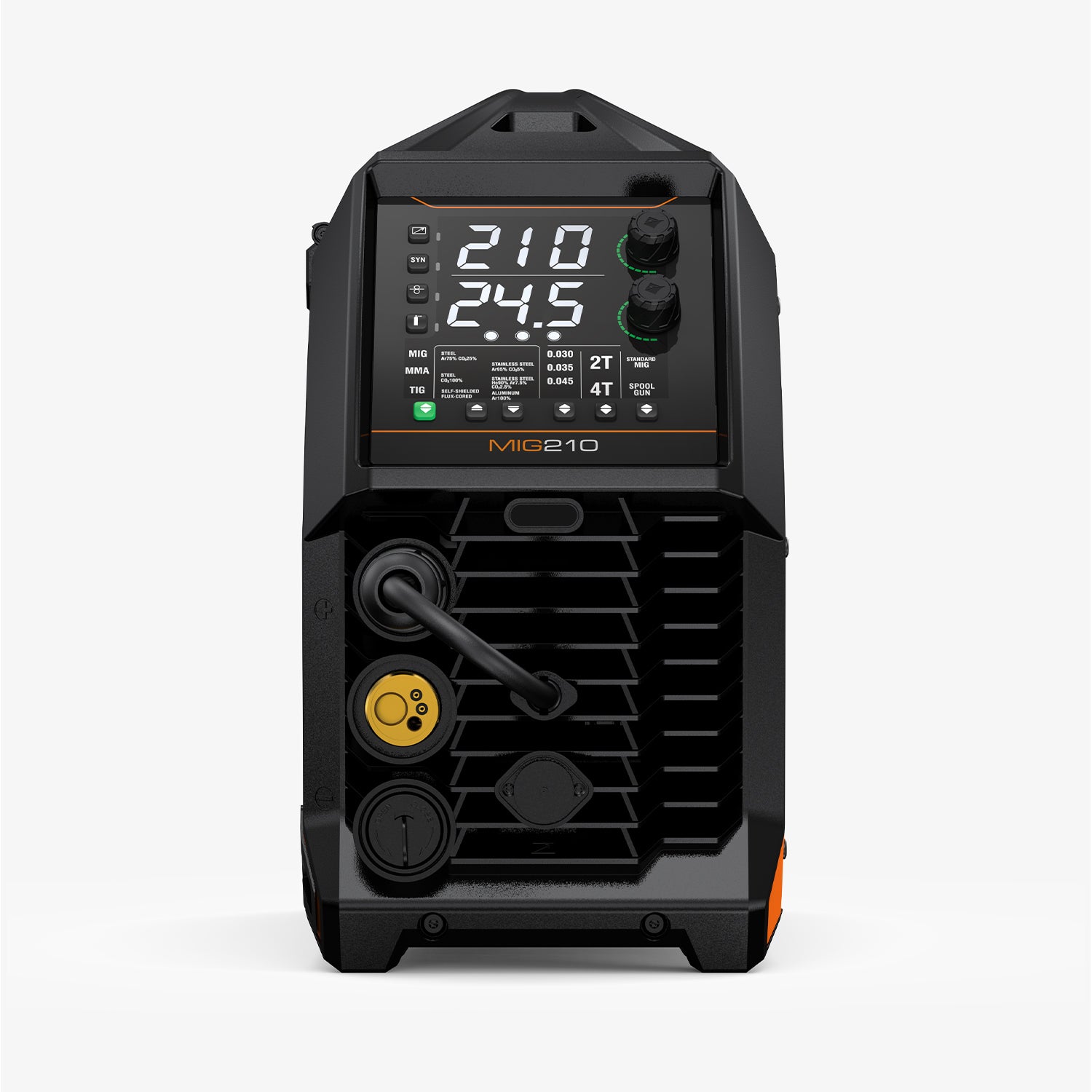 Front view of MIG210 multi process welder with digital display and control knobs