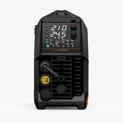 Front view of MIG210 multi process welder with digital display and control knobs