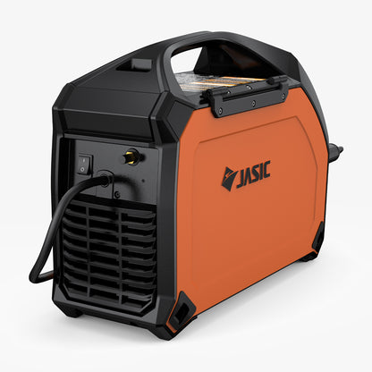 Orange and black MIG welder machine with power cord, side panel, and carrying handle