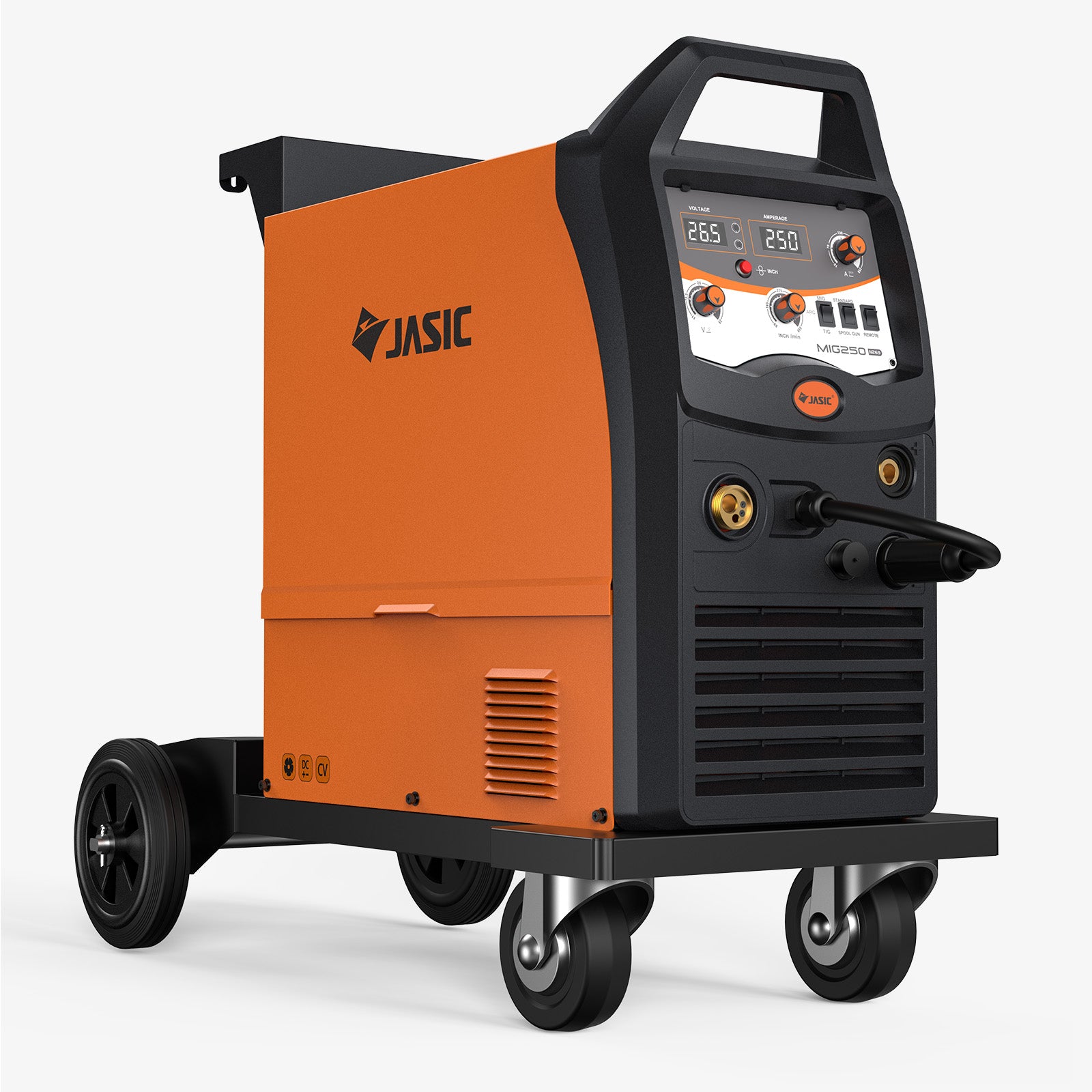Industrial MIG welder with orange and black casing, digital controls, and wheels for mobility