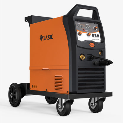 Industrial MIG welder with orange and black casing, digital controls, and wheels for mobility